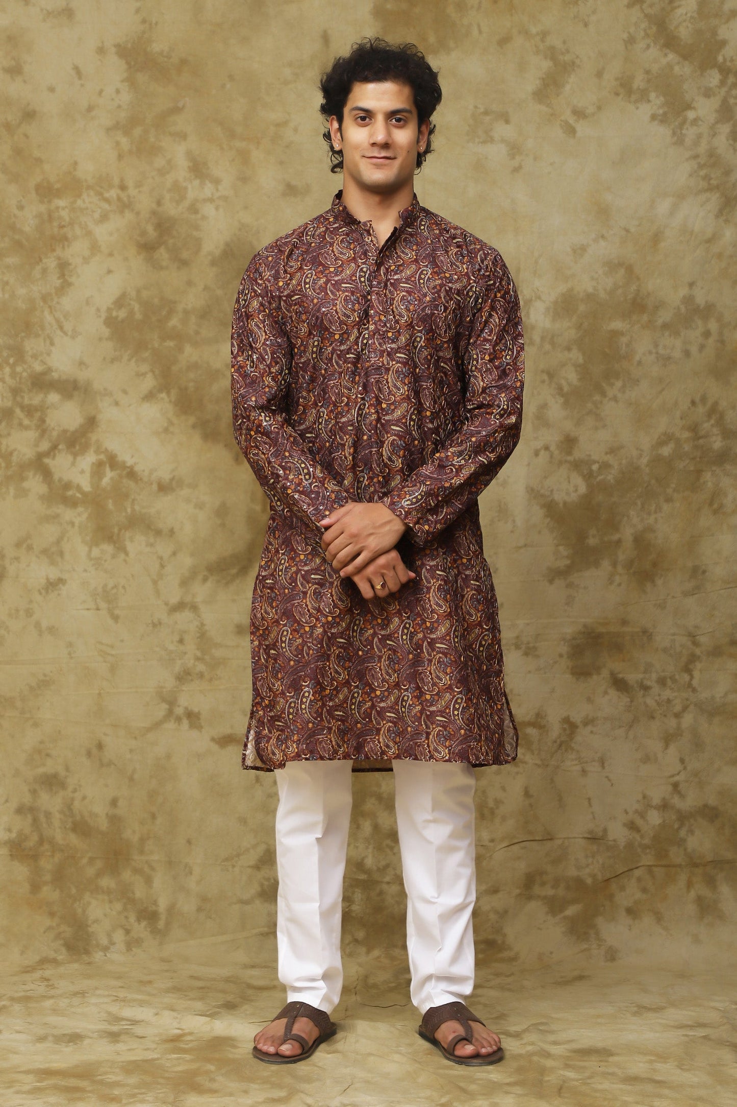 Bluesaanchi Men's Chikankari Embroidered Kurta Set - Brown | Swadesiicart