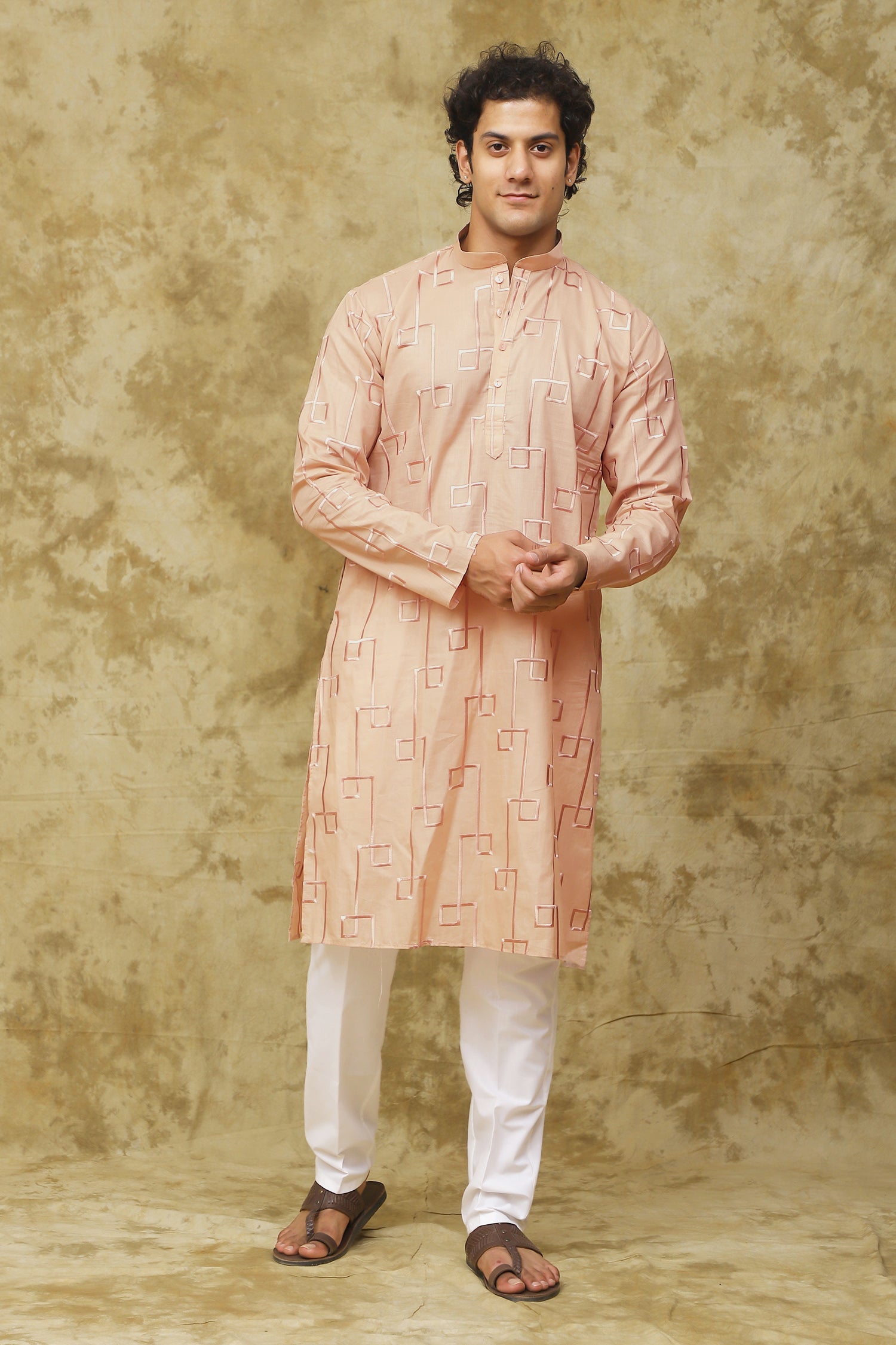 Bluesaanchi Men's Cotton Zari Embroidered Kurta Set - Peach Cream | Swadesiicart