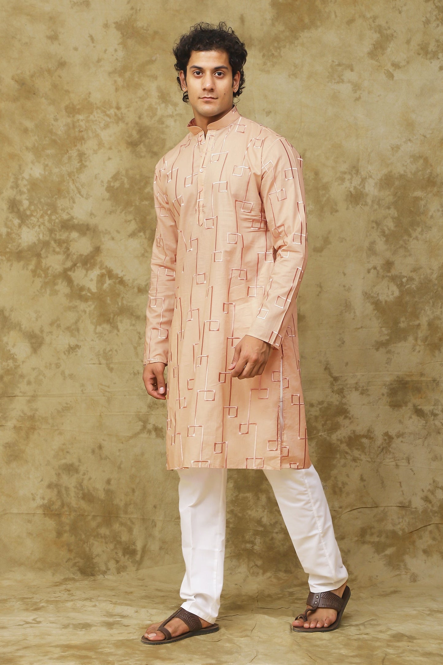 Bluesaanchi Men's Cotton Zari Embroidered Kurta Set - Peach Cream | Swadesiicart