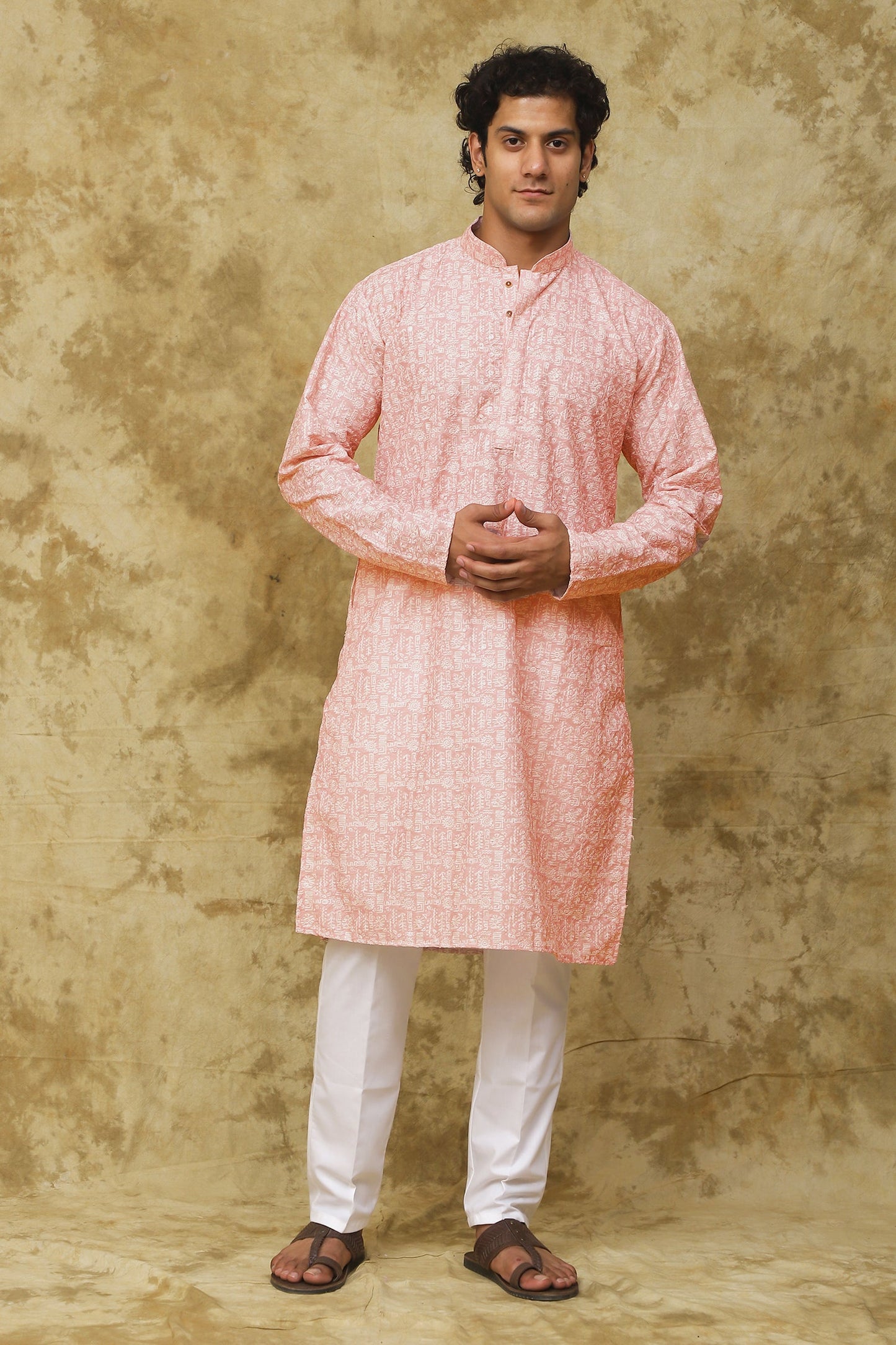 Bluesaanchi Men's Cotton Embroidered Kurta Set - Pink Sun Boota | Swadesiicart