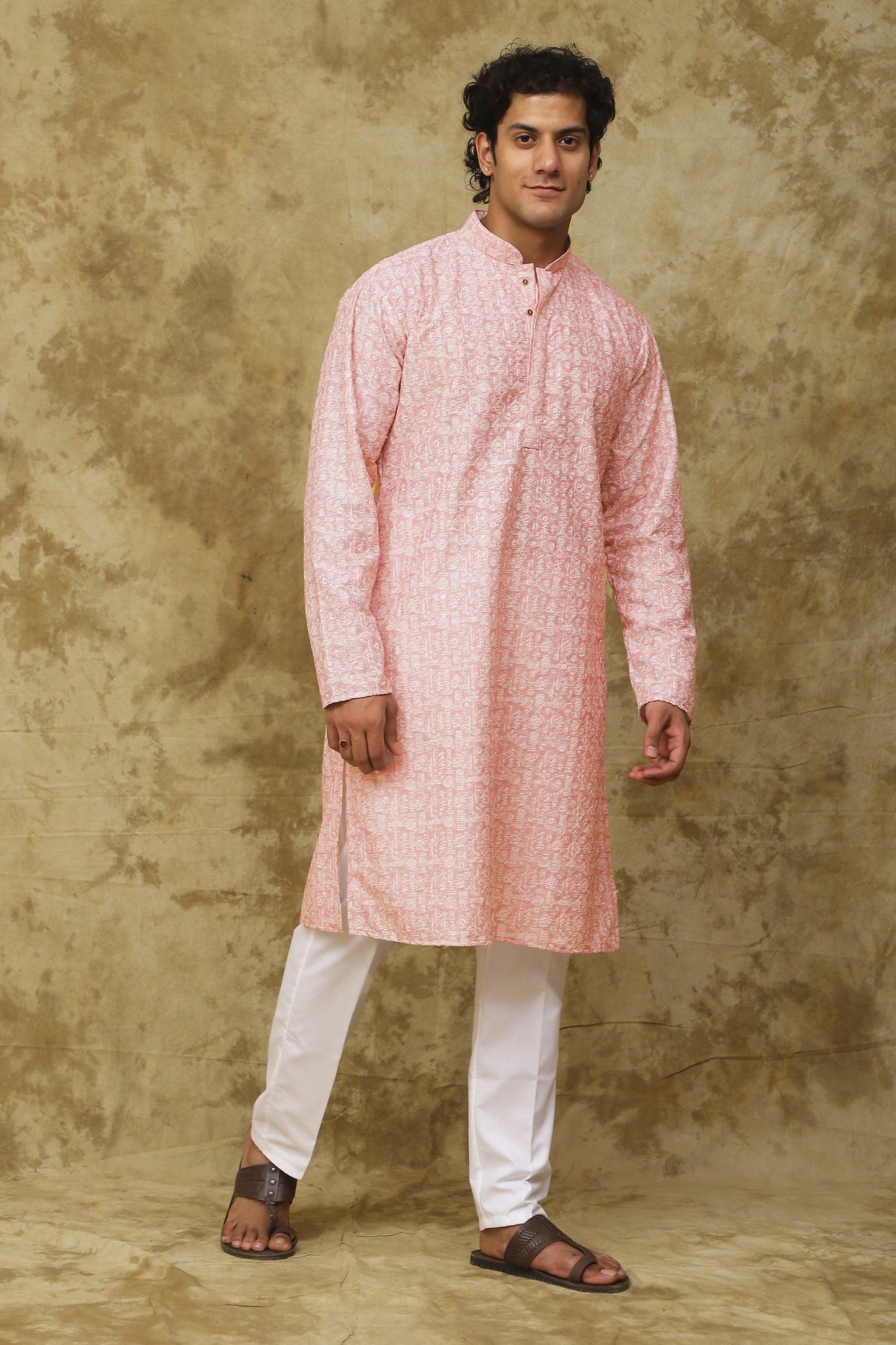 Bluesaanchi Men's Cotton Embroidered Kurta Set - Pink Sun Boota | Swadesiicart