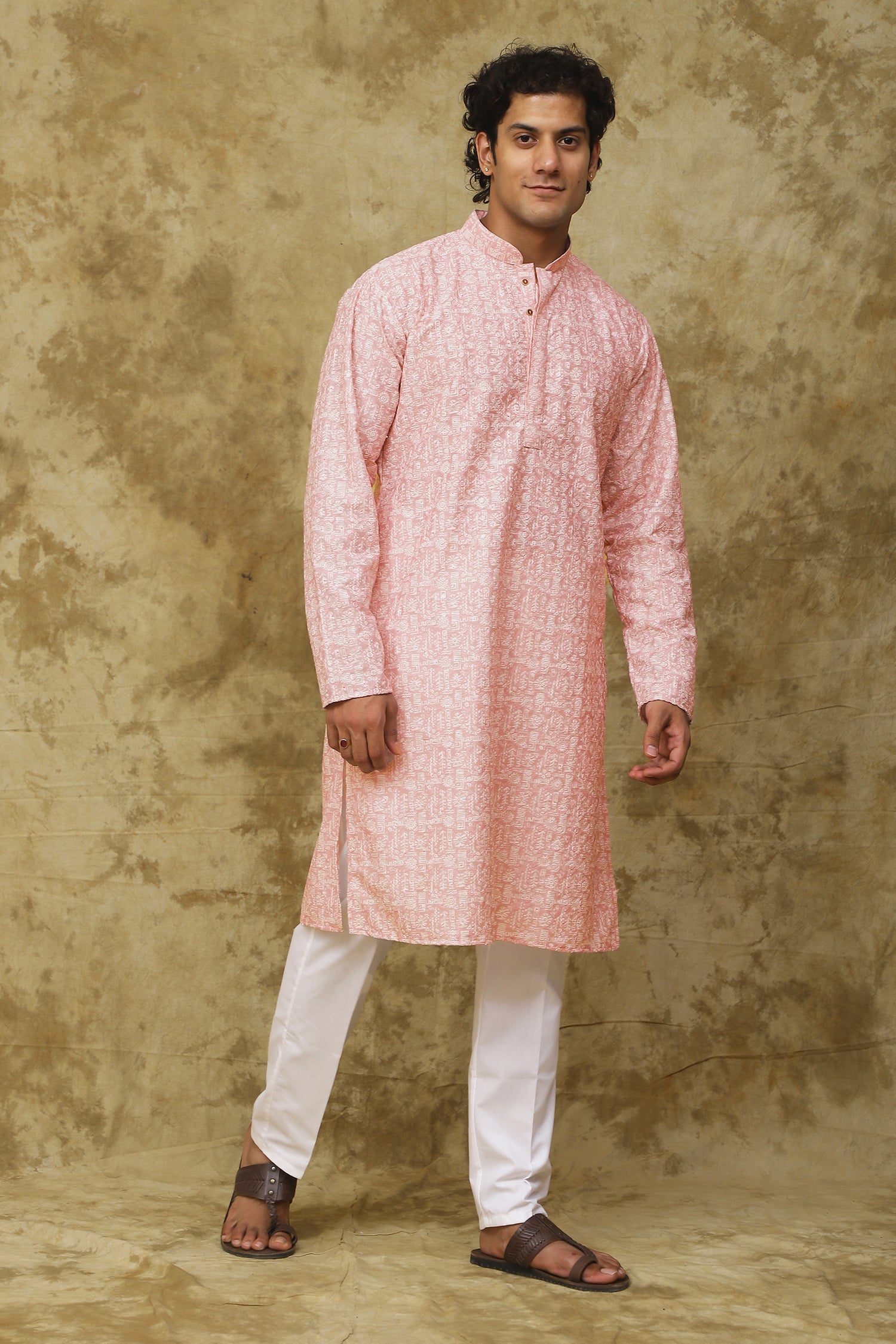 Bluesaanchi Men's Cotton Embroidered Kurta Set - Pink Sun Boota | Swadesiicart