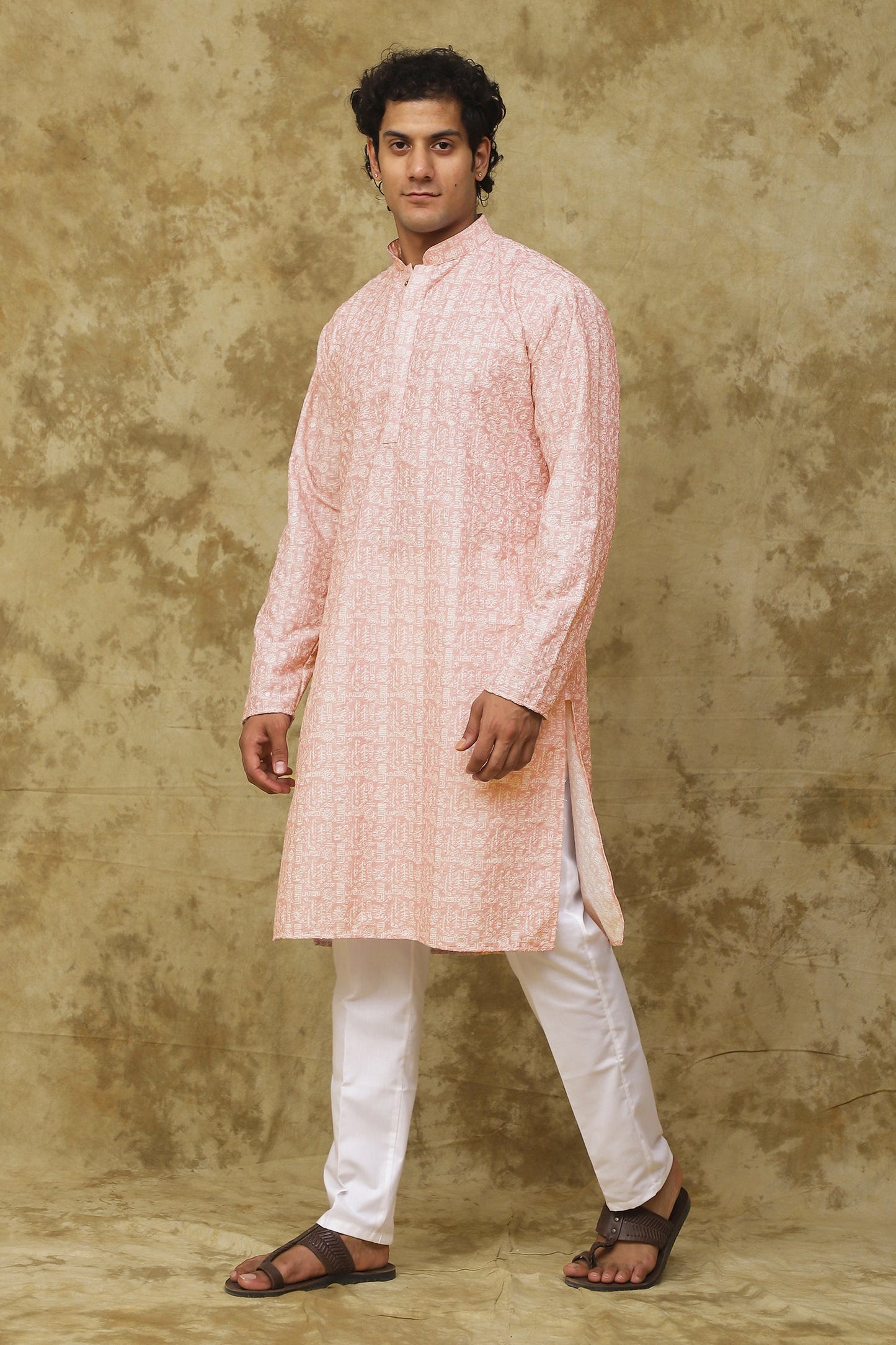 Bluesaanchi Men's Cotton Embroidered Kurta Set - Pink Sun Boota | Swadesiicart