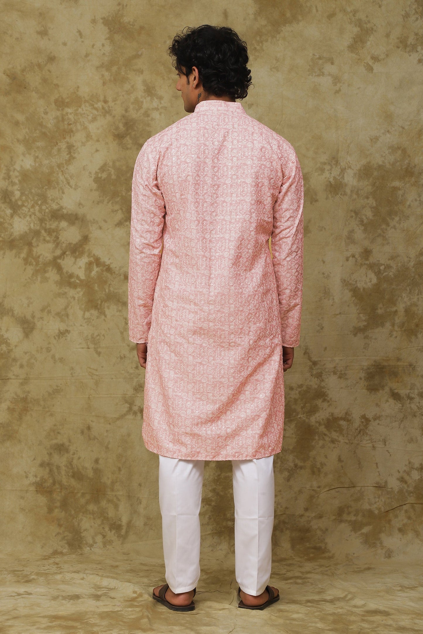 Bluesaanchi Men's Cotton Embroidered Kurta Set - Pink Sun Boota | Swadesiicart