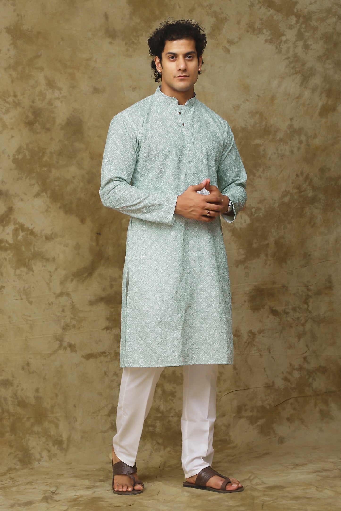 Bluesaanchi Men's Chikankari Embroidered Kurta Set - Light Green | Swadesiicart