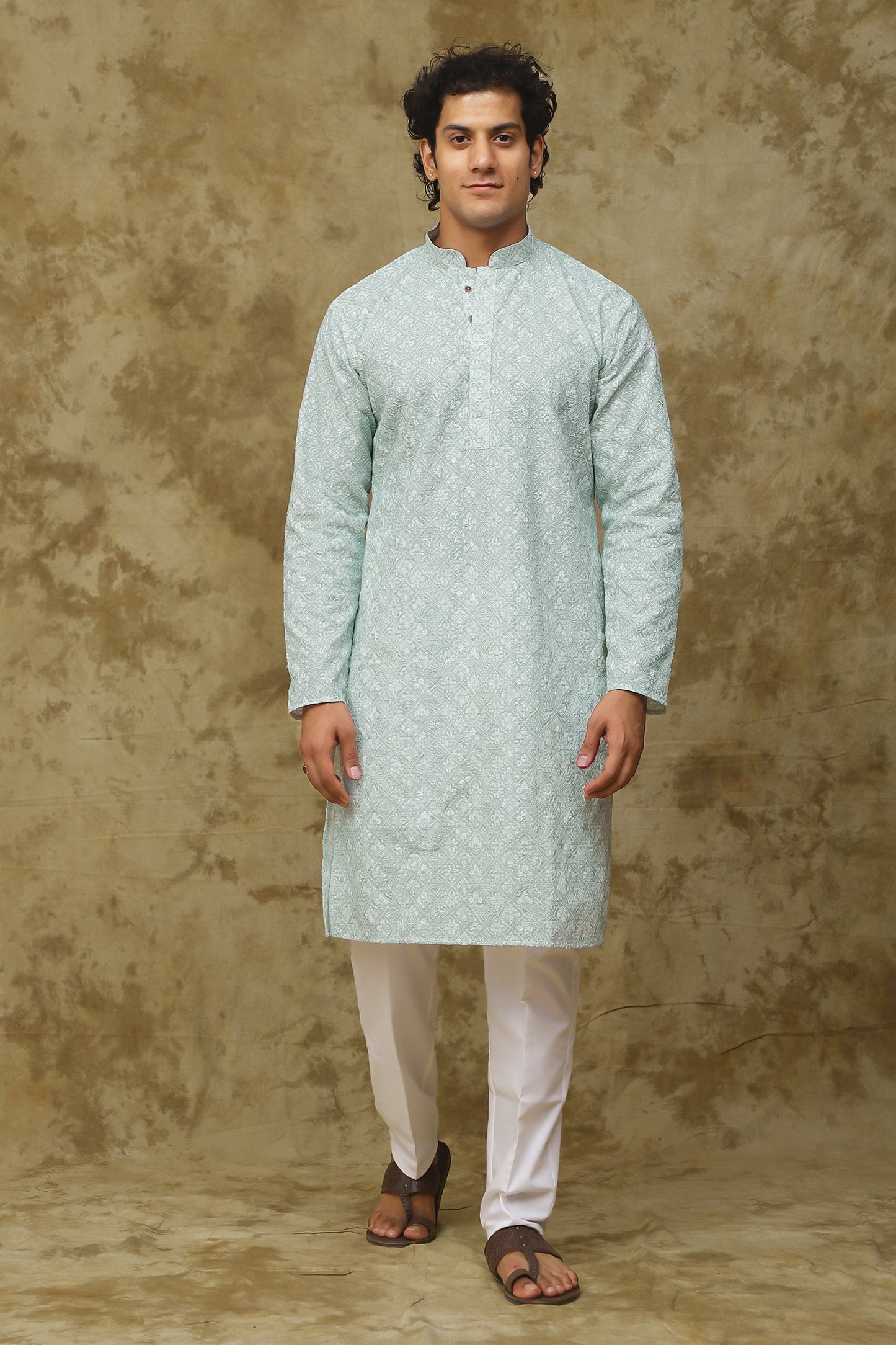 Bluesaanchi Men's Chikankari Embroidered Kurta Set - Light Green | Swadesiicart
