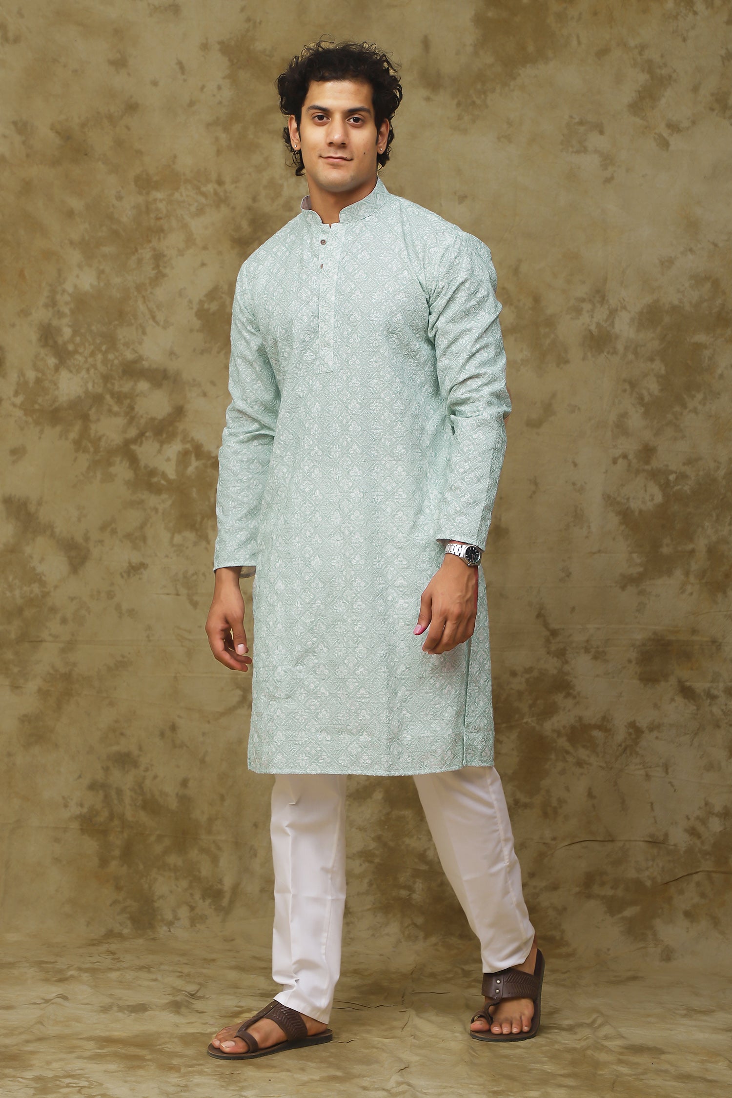 Bluesaanchi Men's Chikankari Embroidered Kurta Set - Light Green | Swadesiicart