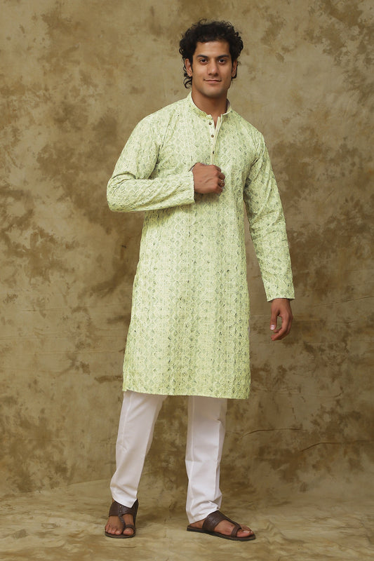 Bluesaanchi Men's Chikankari Embroidered Kurta Set - Lemon Yellow | Swadesiicart
