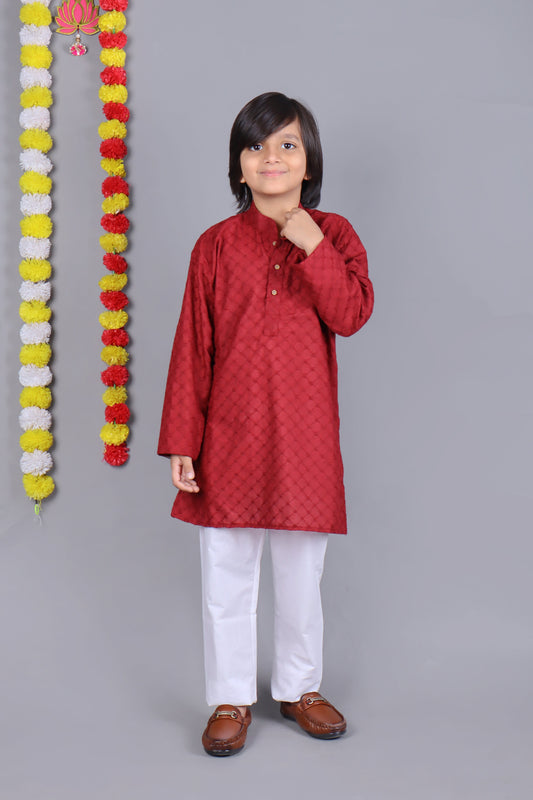 Bluesaanchi Red Chikankari Embroidery Kids Kurta Set – Elegant & Classic for Your Little One | Swadesiicart