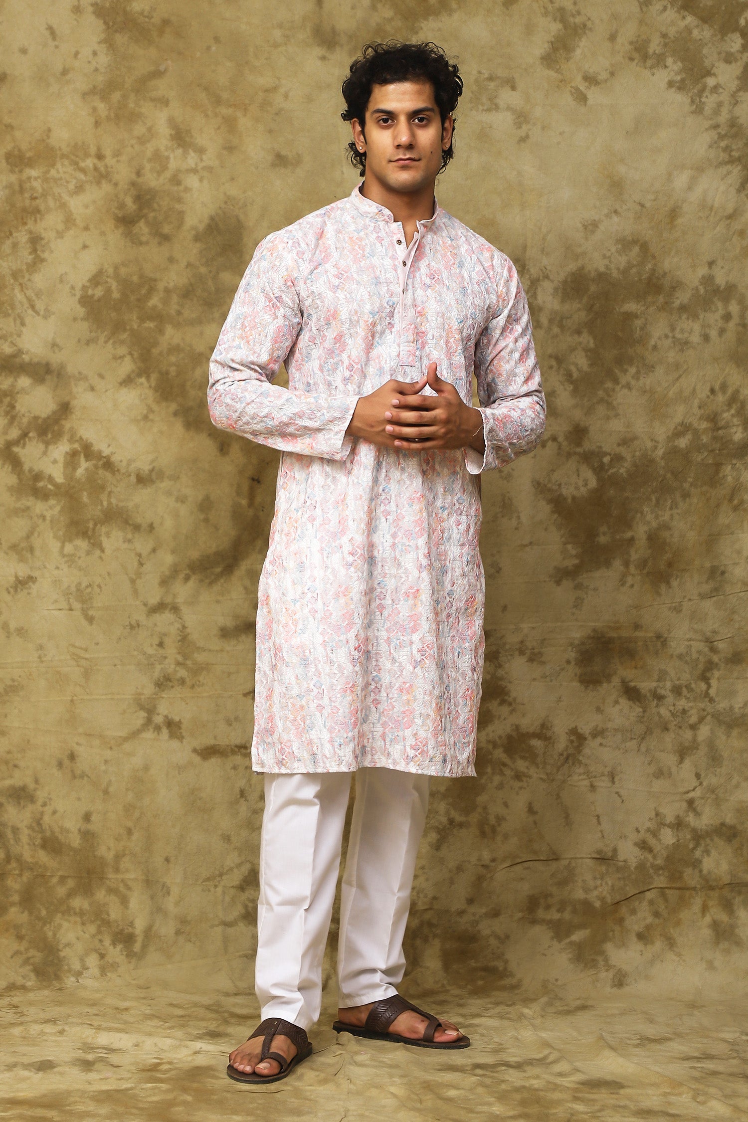 Bluesaanchi Men's Chikankari Embroidered Kurta Set - White & Pink | Swadesiicart