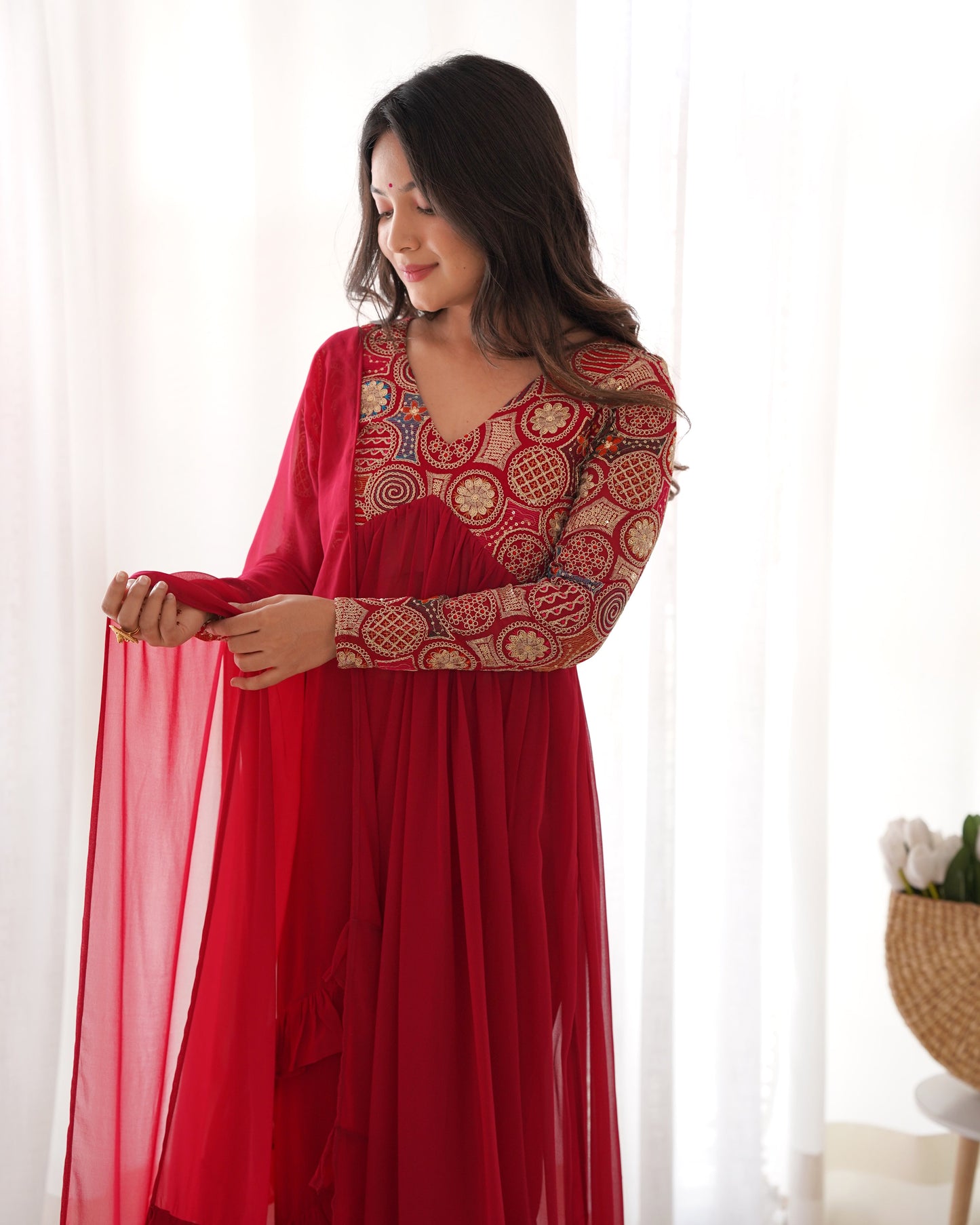 Lorenvalley Fashion Red Heavy Soft Georgette With Embroidered Work Fully Flared Anarkali Pant With Dupatta Set - Red | Swadesiicart