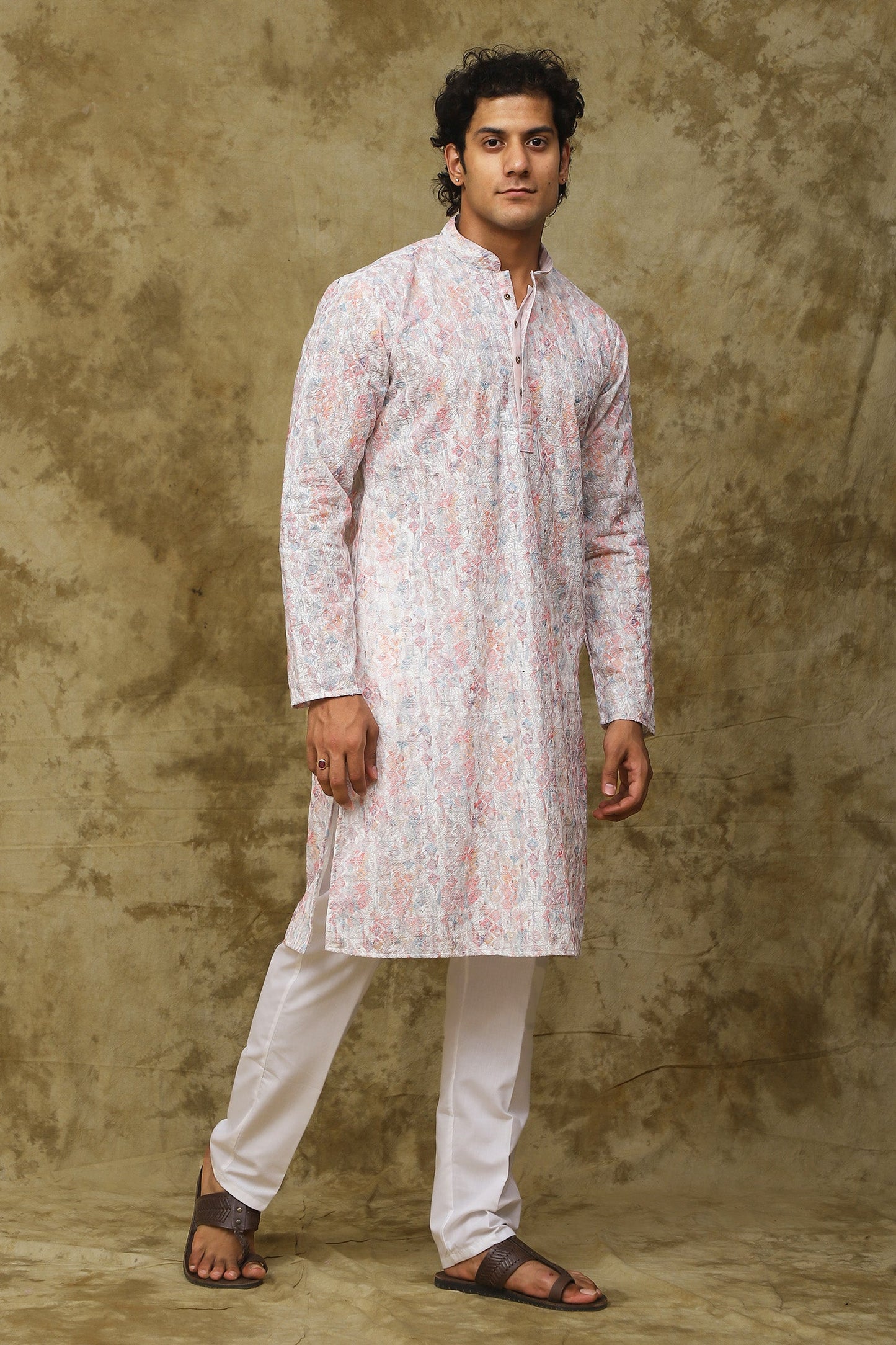 Bluesaanchi Men's Chikankari Embroidered Kurta Set - White & Pink | Swadesiicart