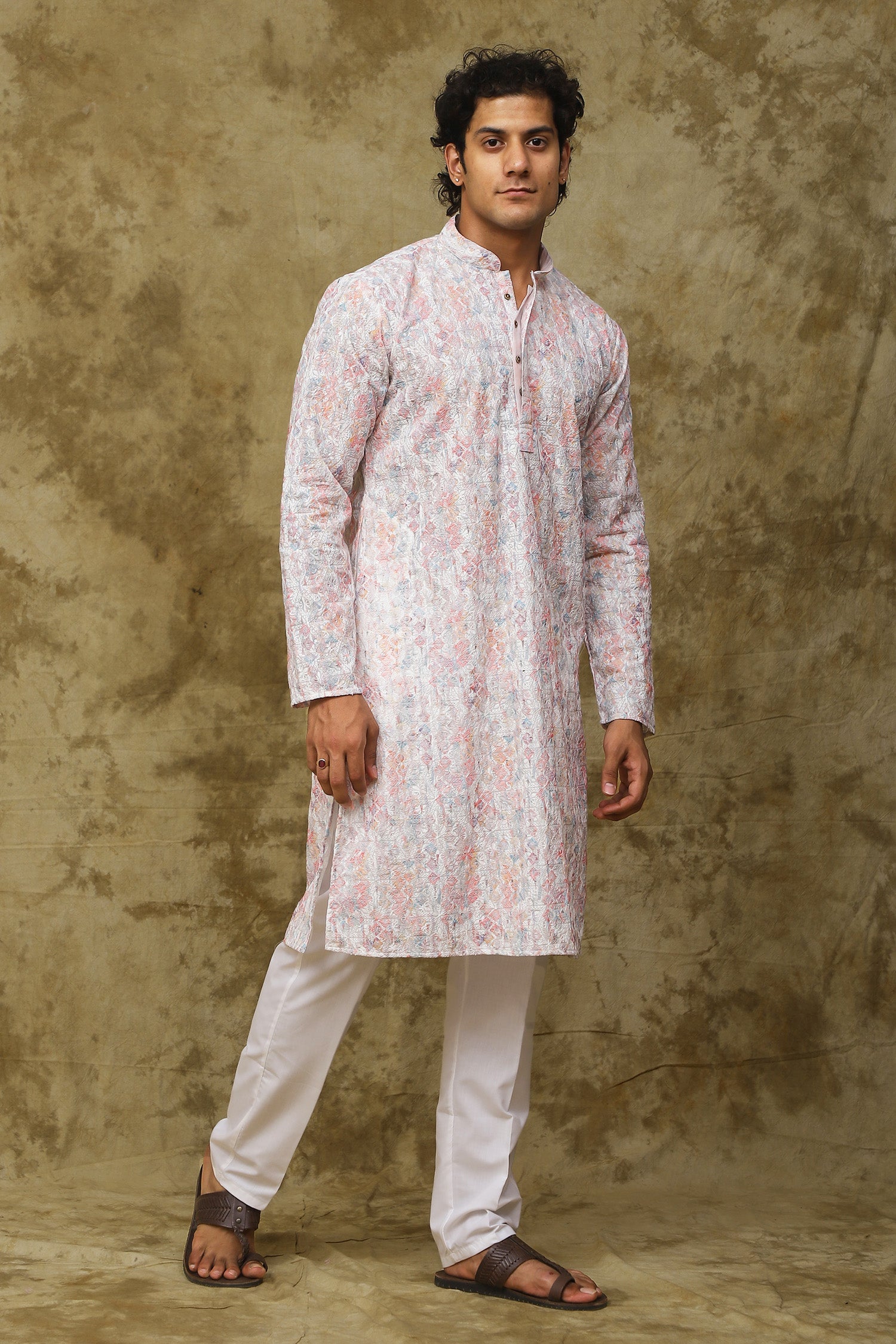Bluesaanchi Men's Chikankari Embroidered Kurta Set - White & Pink | Swadesiicart