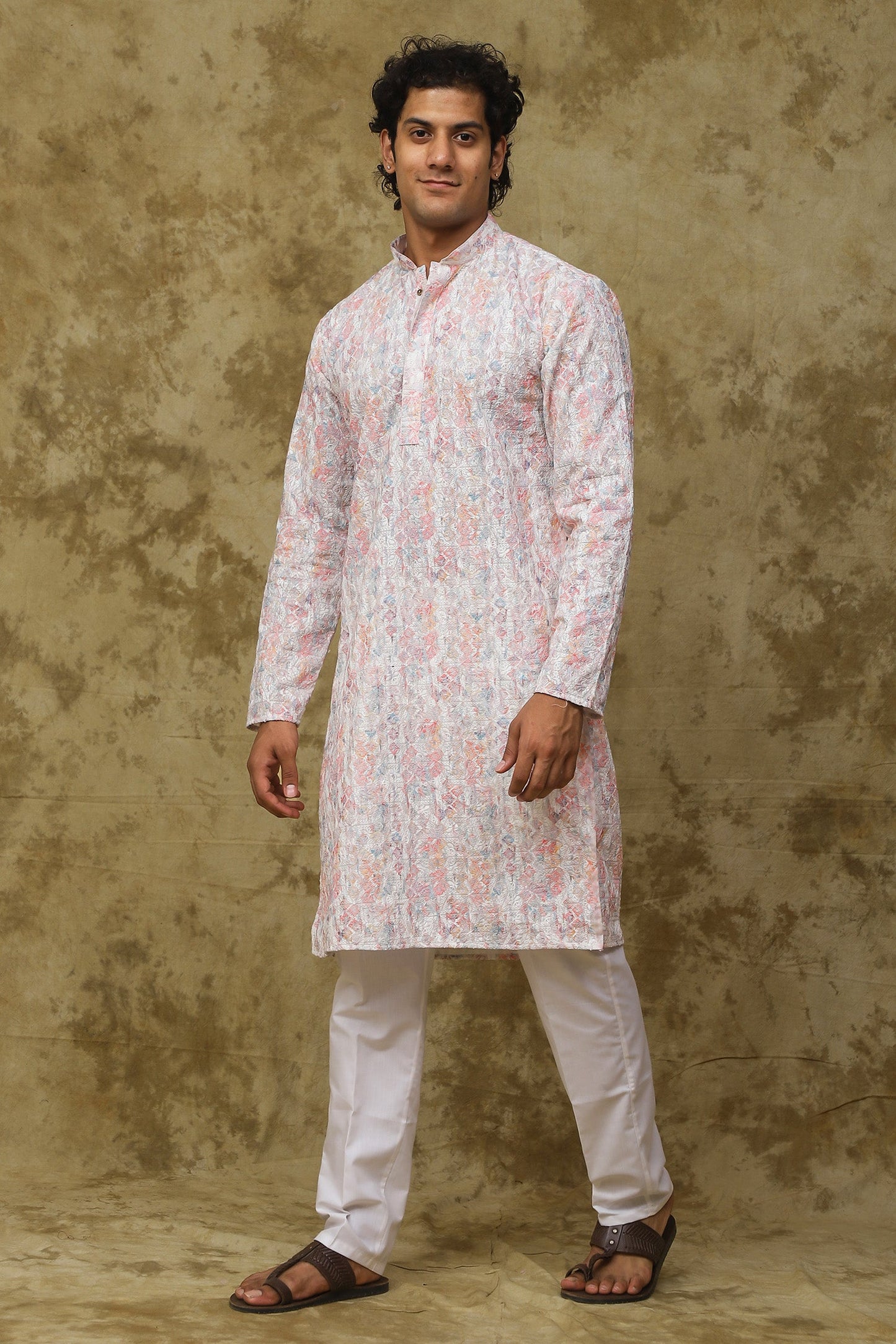 Bluesaanchi Men's Chikankari Embroidered Kurta Set - White & Pink | Swadesiicart