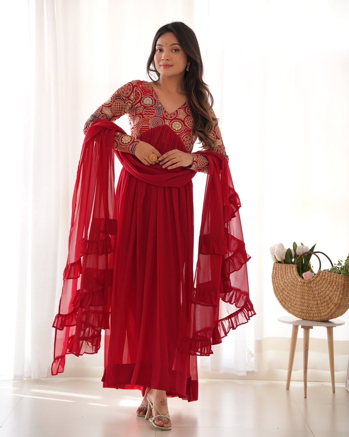 Lorenvalley Fashion Red Heavy Soft Georgette With Embroidered Work Fully Flared Anarkali Pant With Dupatta Set - Red | Swadesiicart