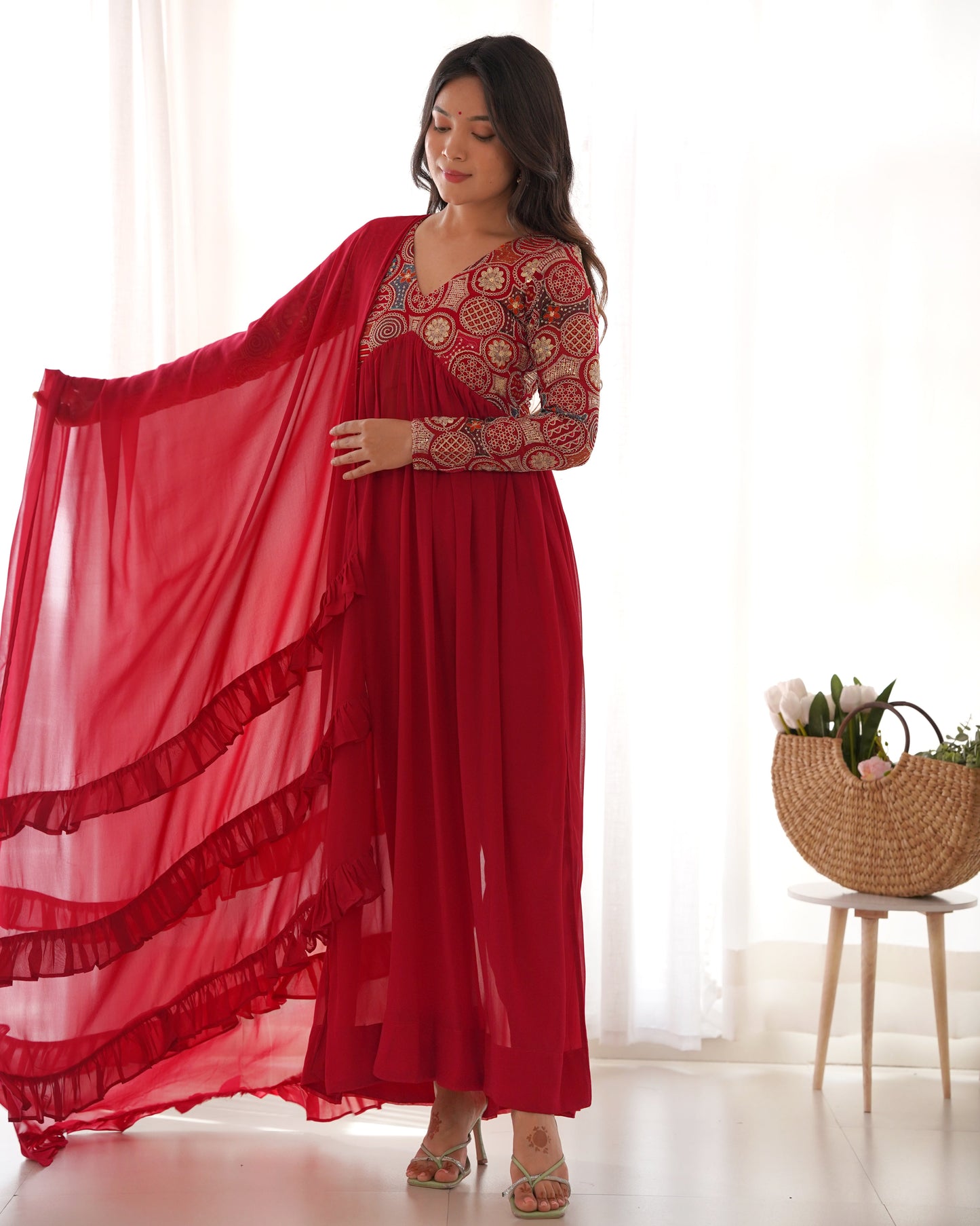 Lorenvalley Fashion Red Heavy Soft Georgette With Embroidered Work Fully Flared Anarkali Pant With Dupatta Set - Red | Swadesiicart