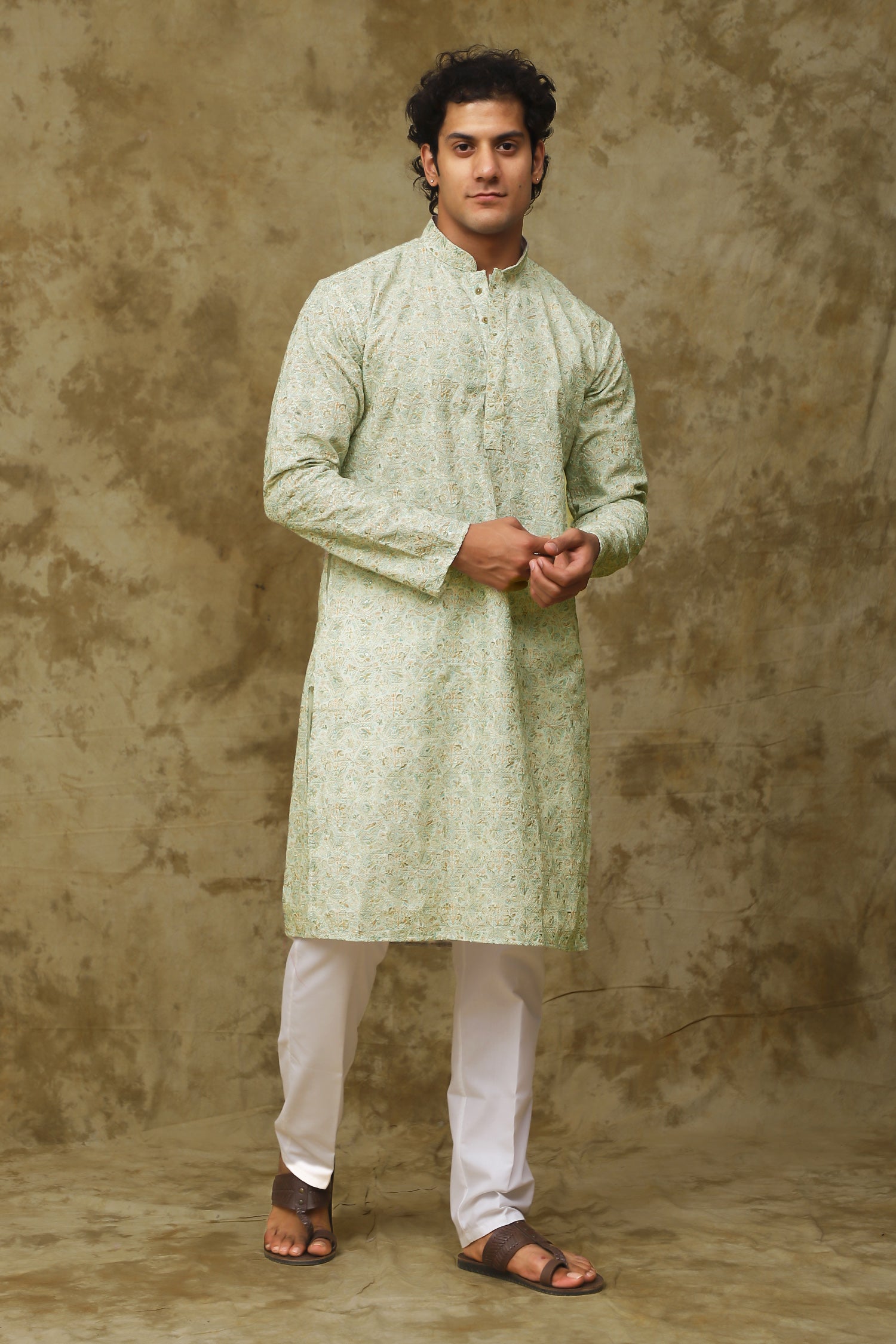 Bluesaanchi Men's Chikankari Embroidered Kurta Set - Green White | Swadesiicart
