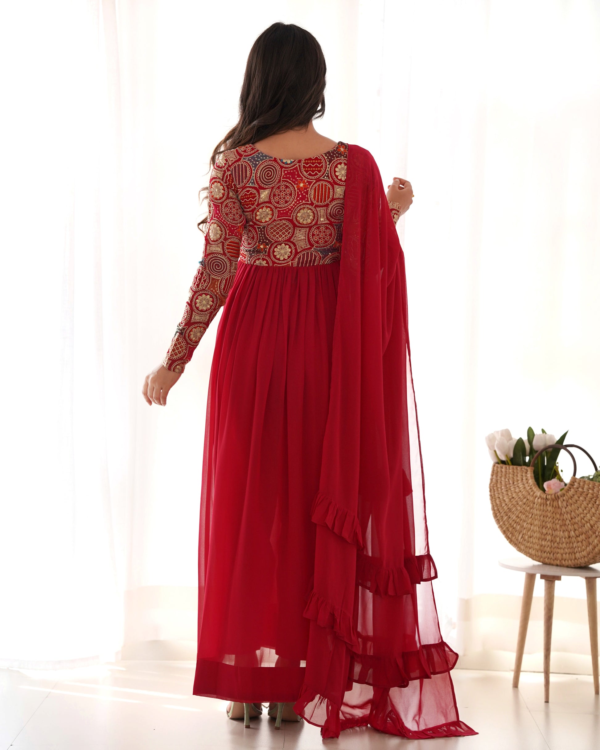 Lorenvalley Fashion Red Heavy Soft Georgette With Embroidered Work Fully Flared Anarkali Pant With Dupatta Set - Red | Swadesiicart