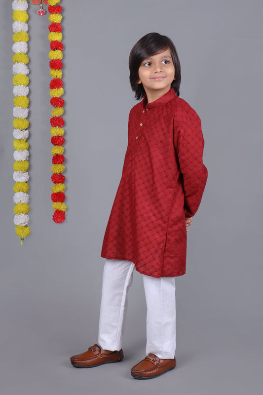 Bluesaanchi Red Chikankari Embroidery Kids Kurta Set – Elegant & Classic for Your Little One | Swadesiicart