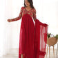 Lorenvalley Fashion Red Heavy Soft Georgette With Embroidered Work Fully Flared Anarkali Pant With Dupatta Set - Red | Swadesiicart