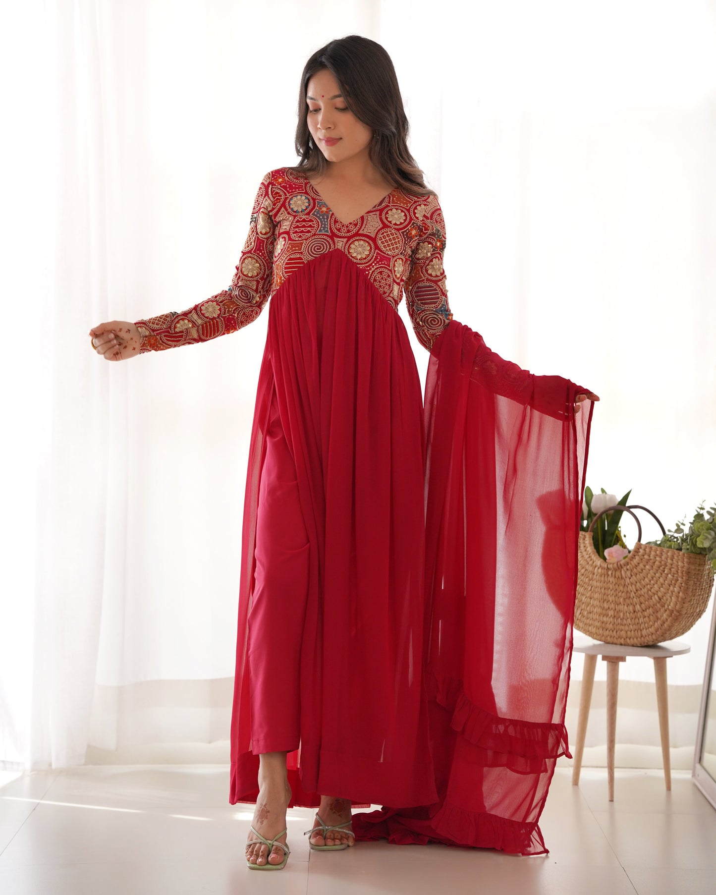 Lorenvalley Fashion Red Heavy Soft Georgette With Embroidered Work Fully Flared Anarkali Pant With Dupatta Set - Red | Swadesiicart