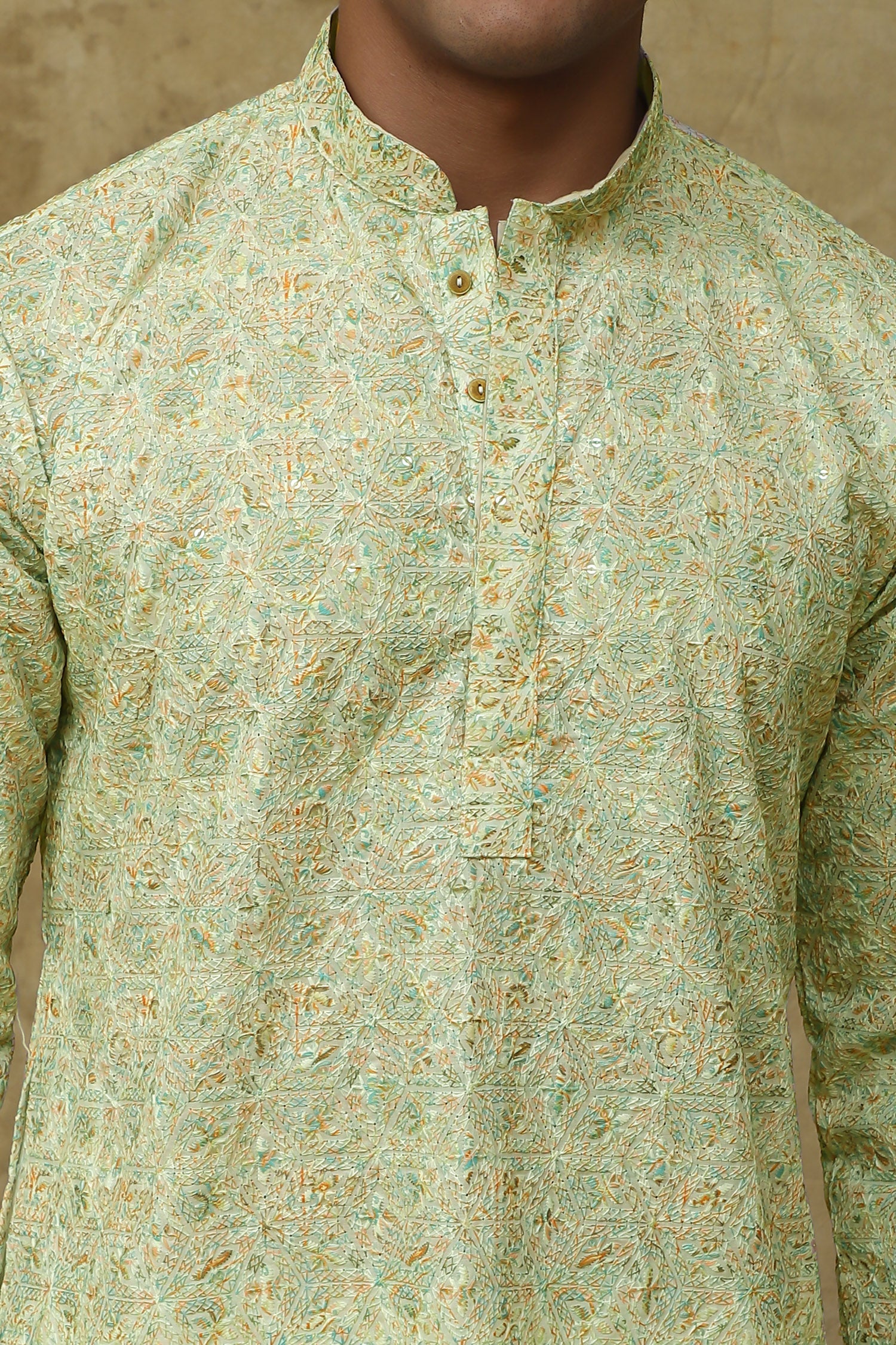 Bluesaanchi Men's Chikankari Embroidered Kurta Set - Green White | Swadesiicart