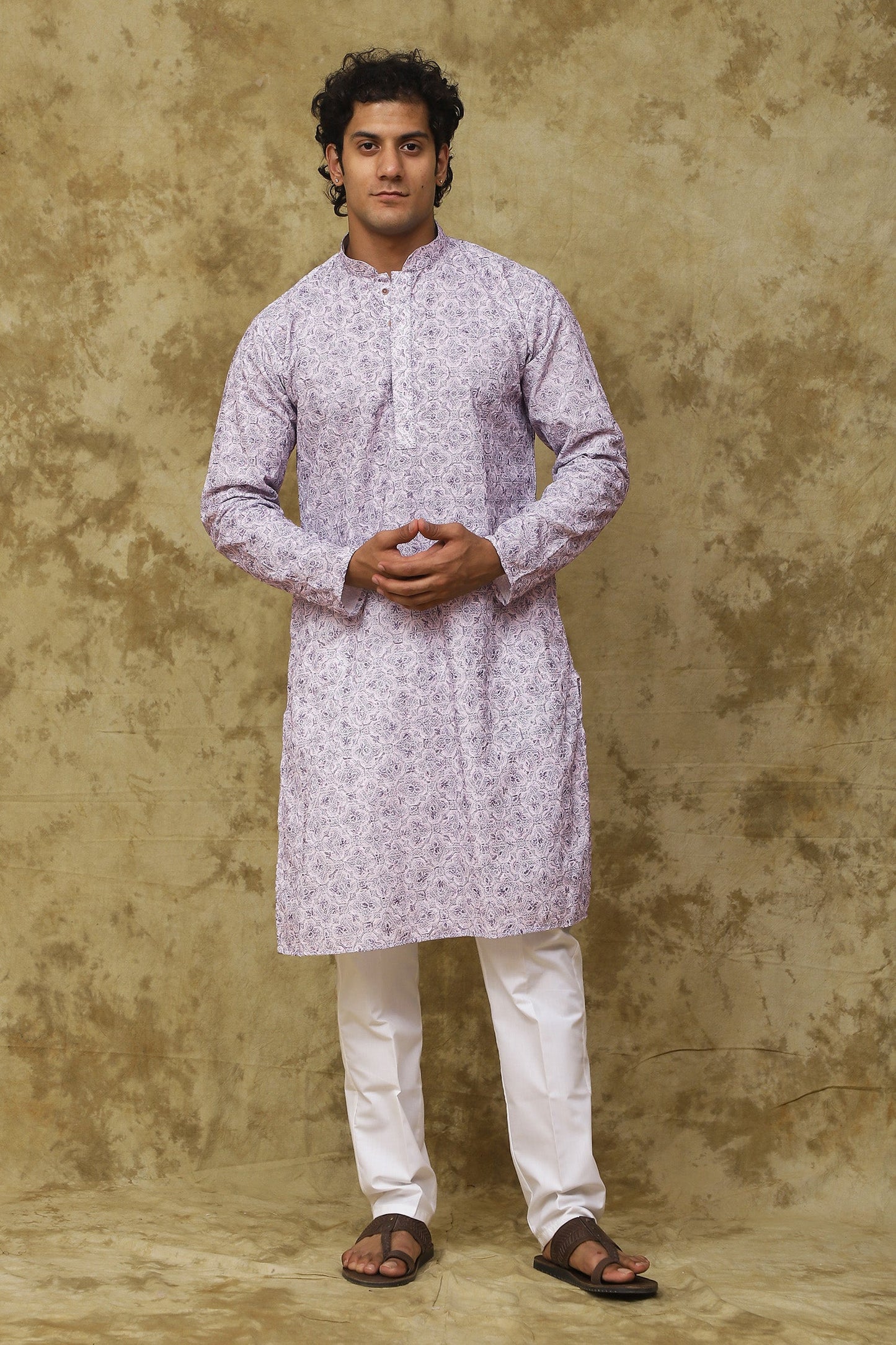Bluesaanchi Men's Cotton Embroidered Kurta Set - Purple Floral | Swadesiicart