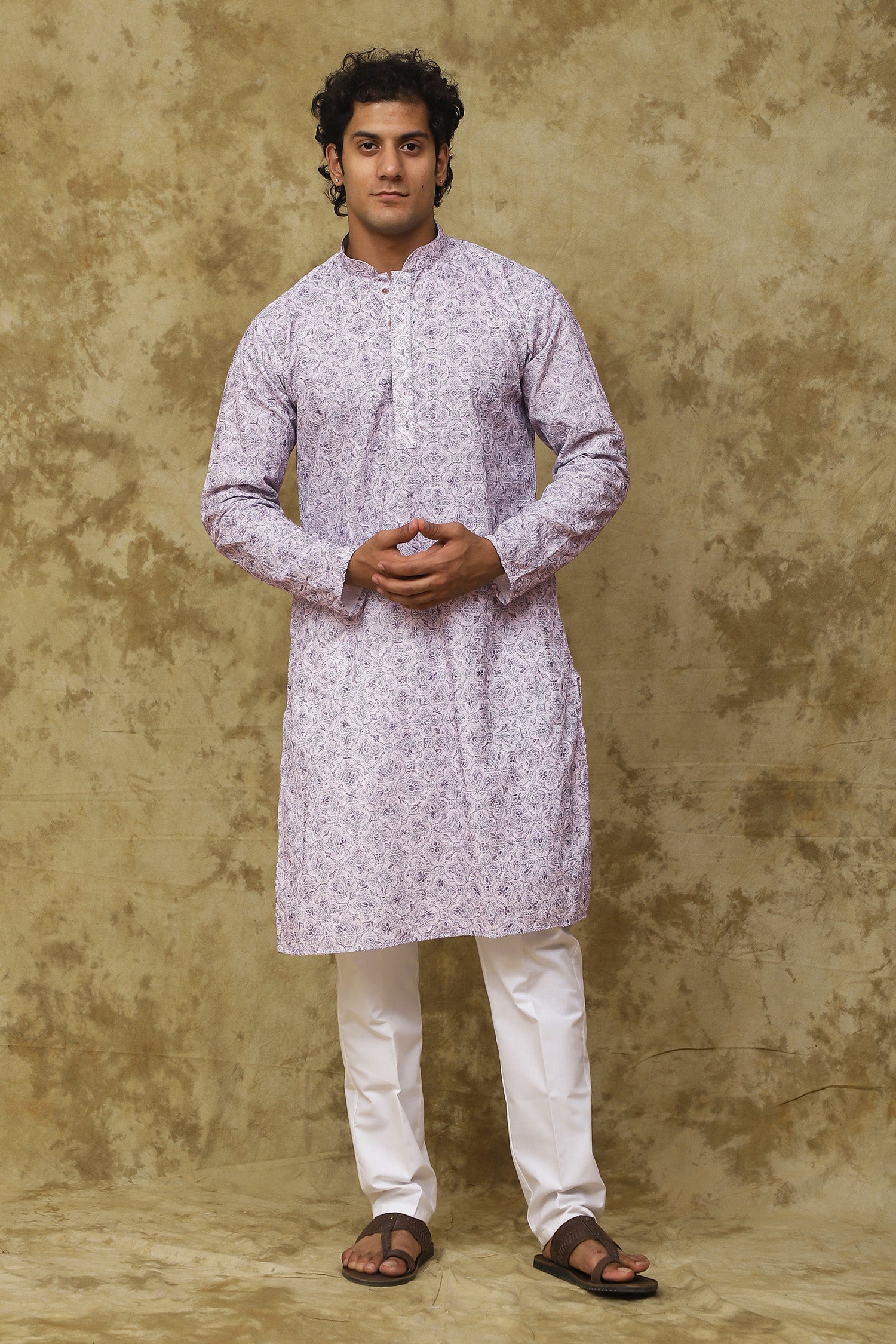 Bluesaanchi Men's Cotton Embroidered Kurta Set - Purple Floral | Swadesiicart