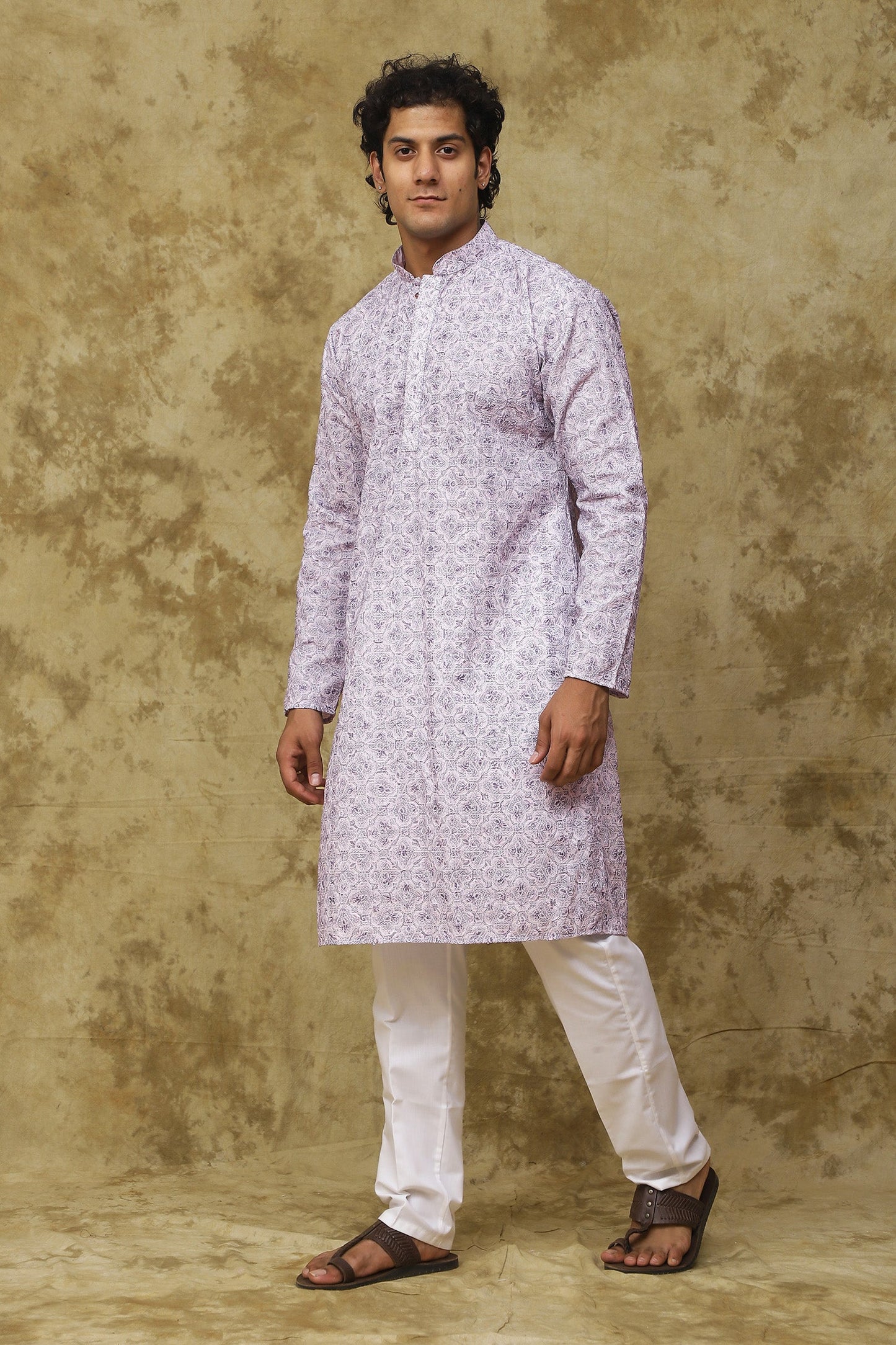 Bluesaanchi Men's Cotton Embroidered Kurta Set - Purple Floral | Swadesiicart