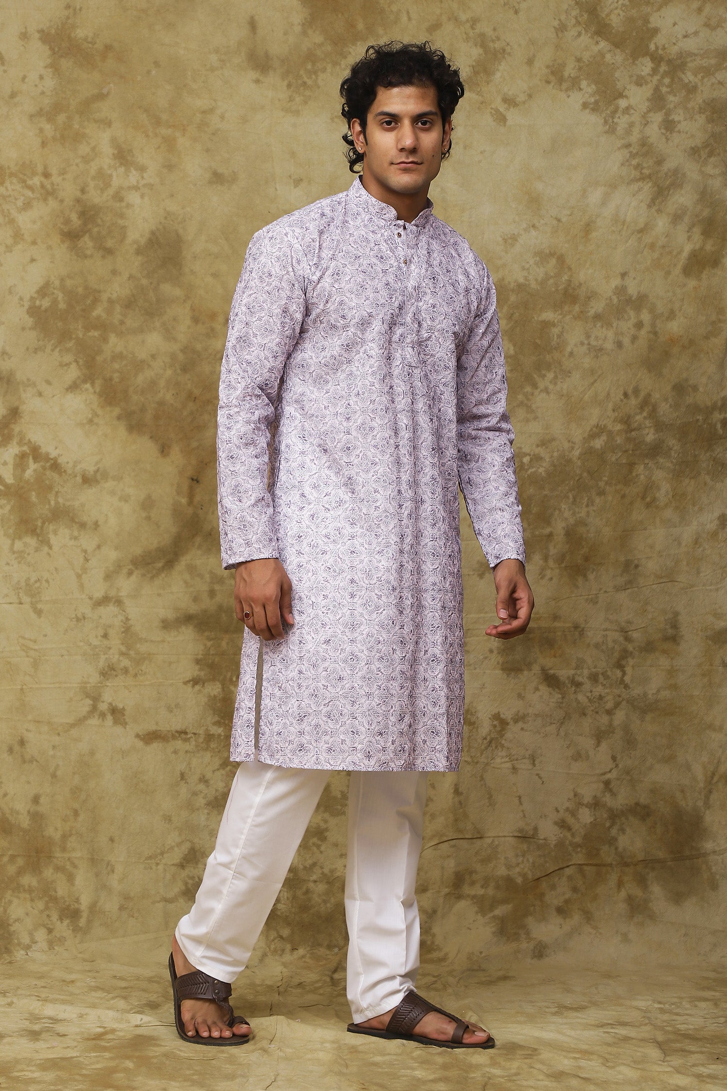 Bluesaanchi Men's Cotton Embroidered Kurta Set - Purple Floral | Swadesiicart