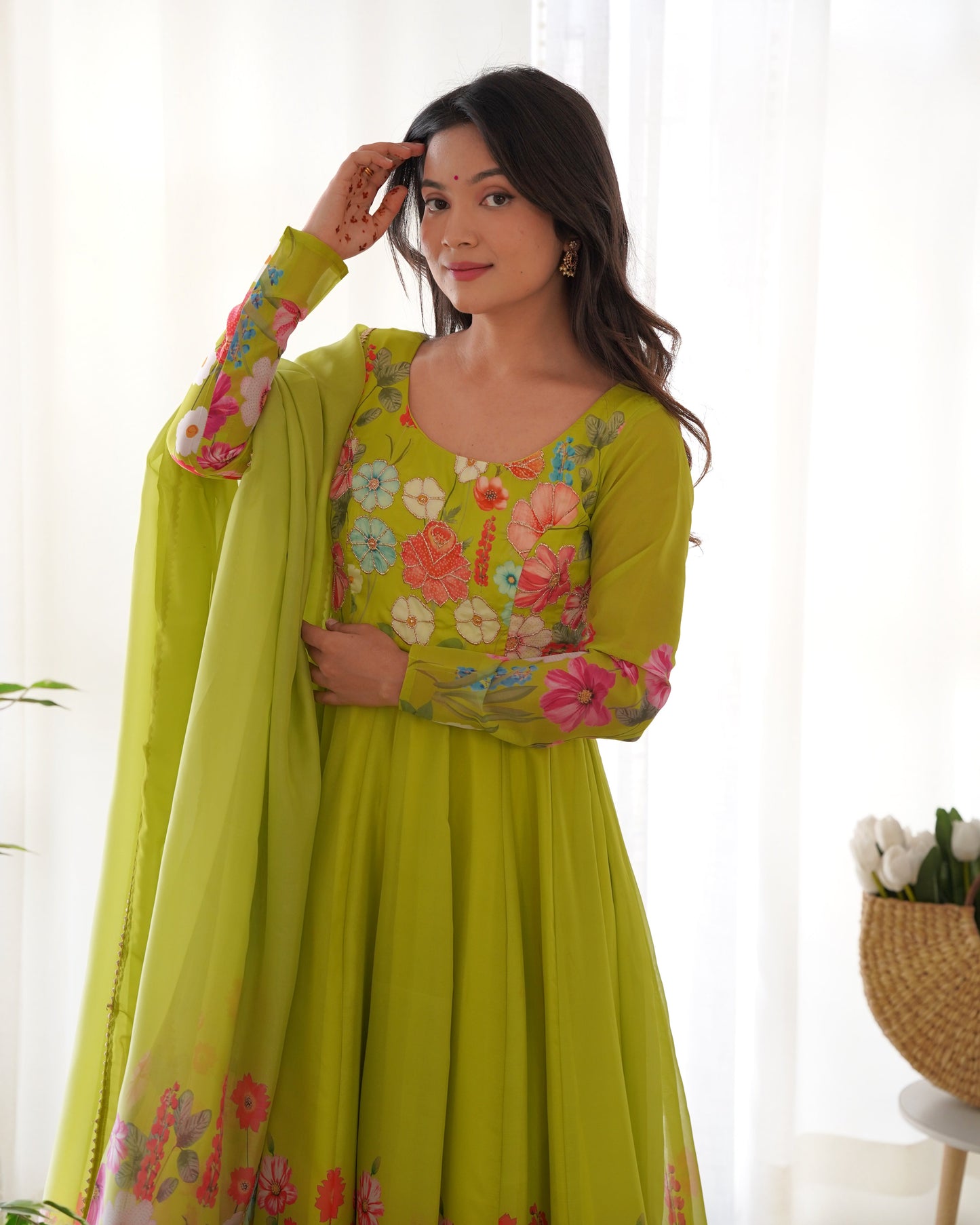 Lorenvalley Fashion Parrot Soft Organza Silk With Floral Print Fully Flared Anarkali Pant With Dupatta Set - Green | Swadesiicart