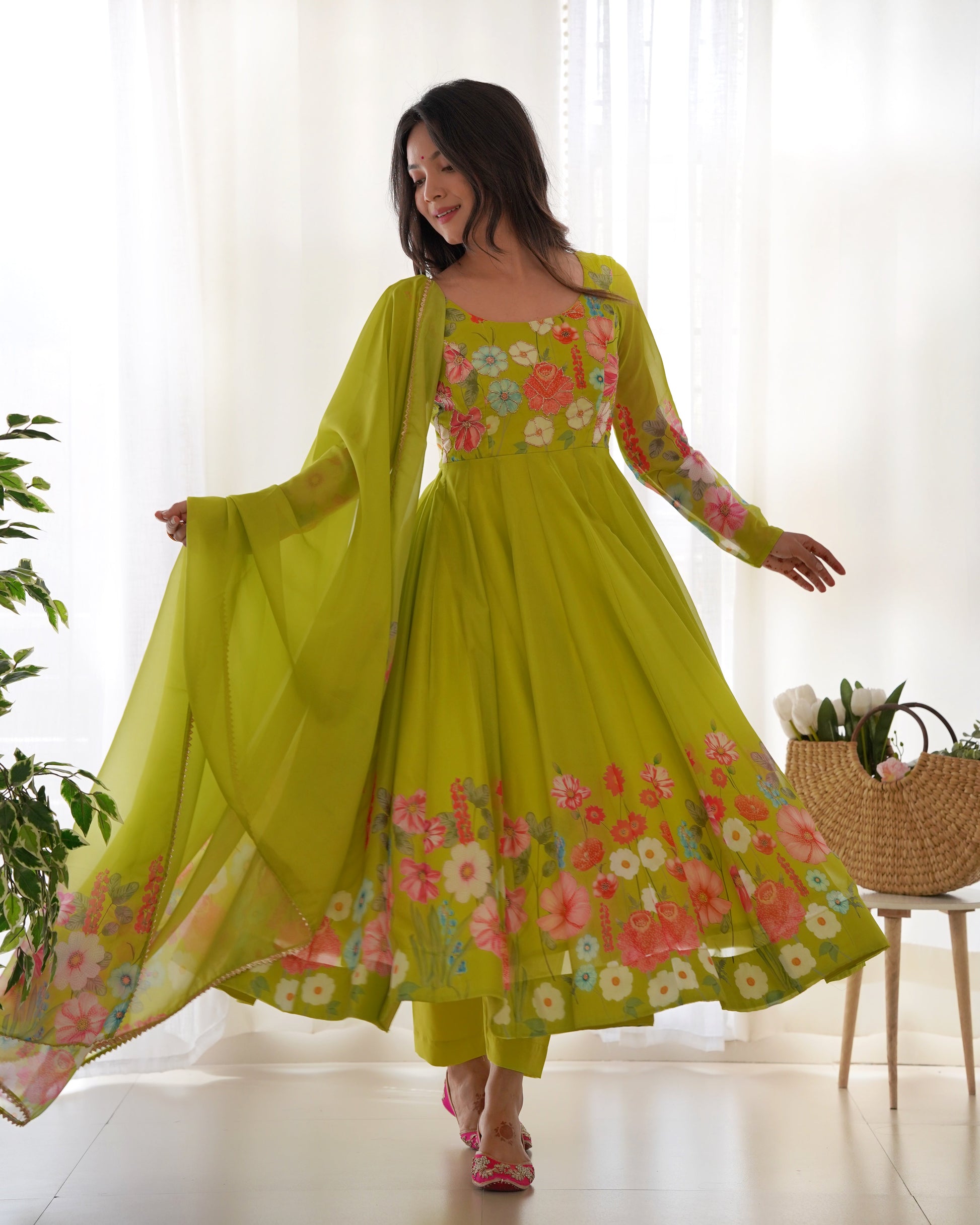 Lorenvalley Fashion Parrot Soft Organza Silk With Floral Print Fully Flared Anarkali Pant With Dupatta Set - Green | Swadesiicart