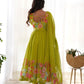 Lorenvalley Fashion Parrot Soft Organza Silk With Floral Print Fully Flared Anarkali Pant With Dupatta Set - Green | Swadesiicart