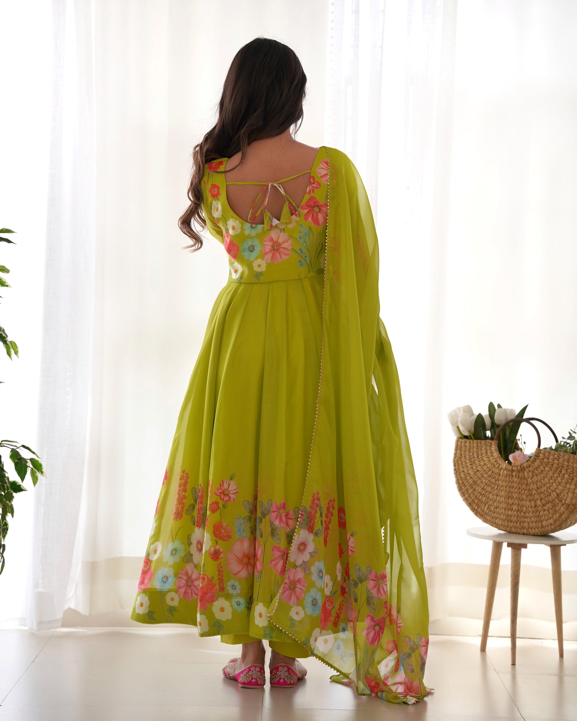 Lorenvalley Fashion Parrot Soft Organza Silk With Floral Print Fully Flared Anarkali Pant With Dupatta Set - Green | Swadesiicart