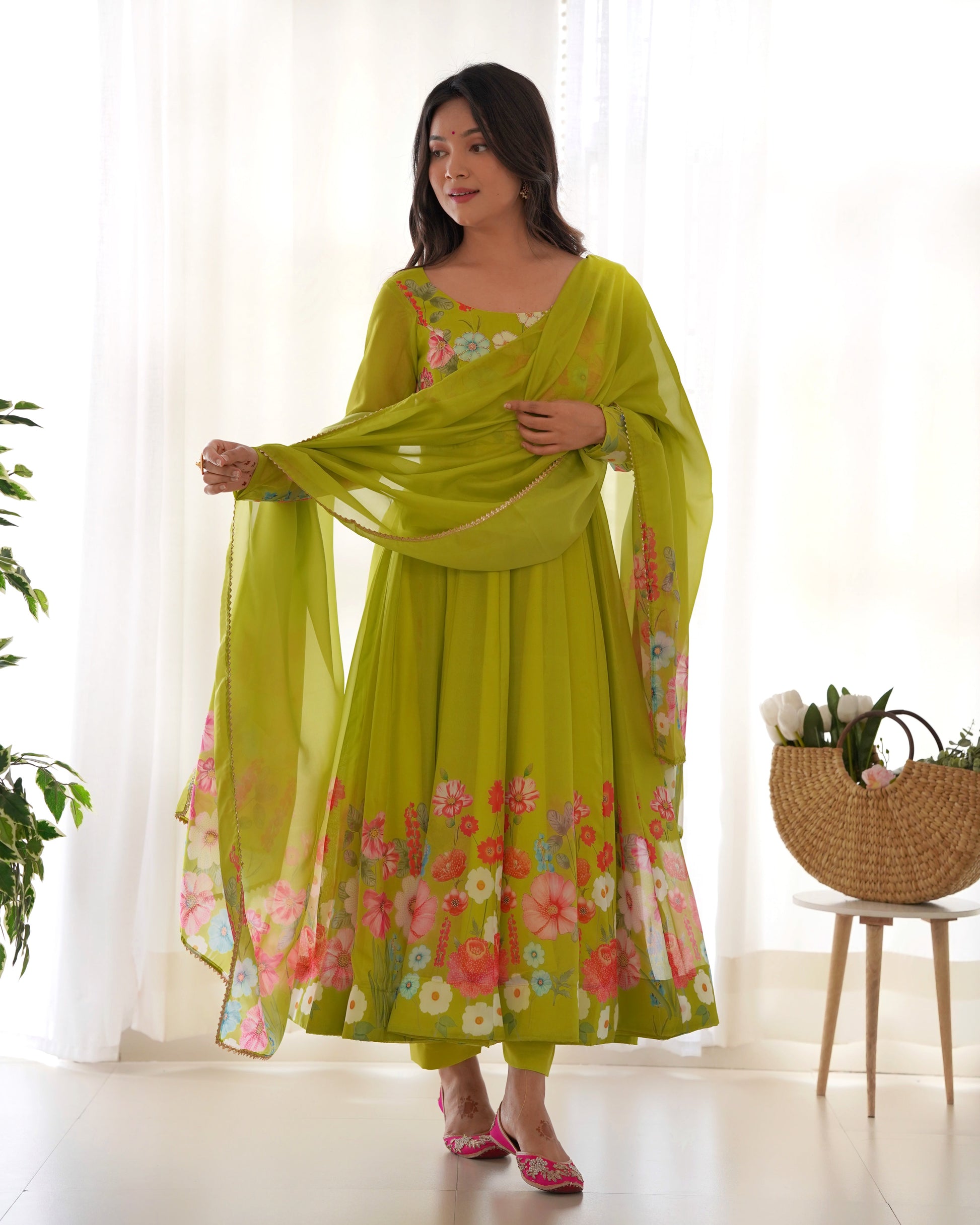 Lorenvalley Fashion Parrot Soft Organza Silk With Floral Print Fully Flared Anarkali Pant With Dupatta Set - Green | Swadesiicart