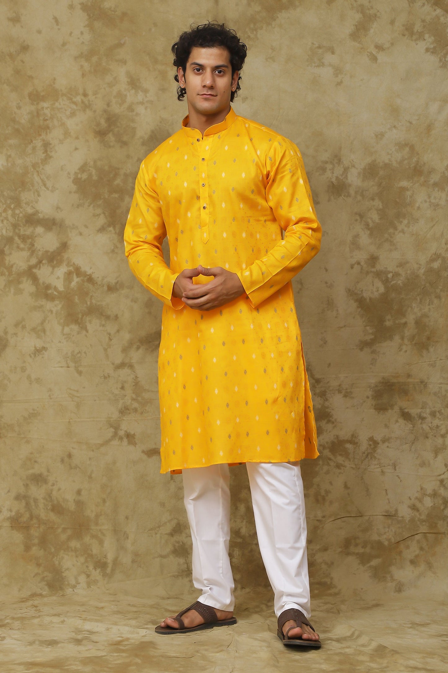 Bluesaanchi Men's Cotton Embroidered Kurta Set - Mustard | Swadesiicart
