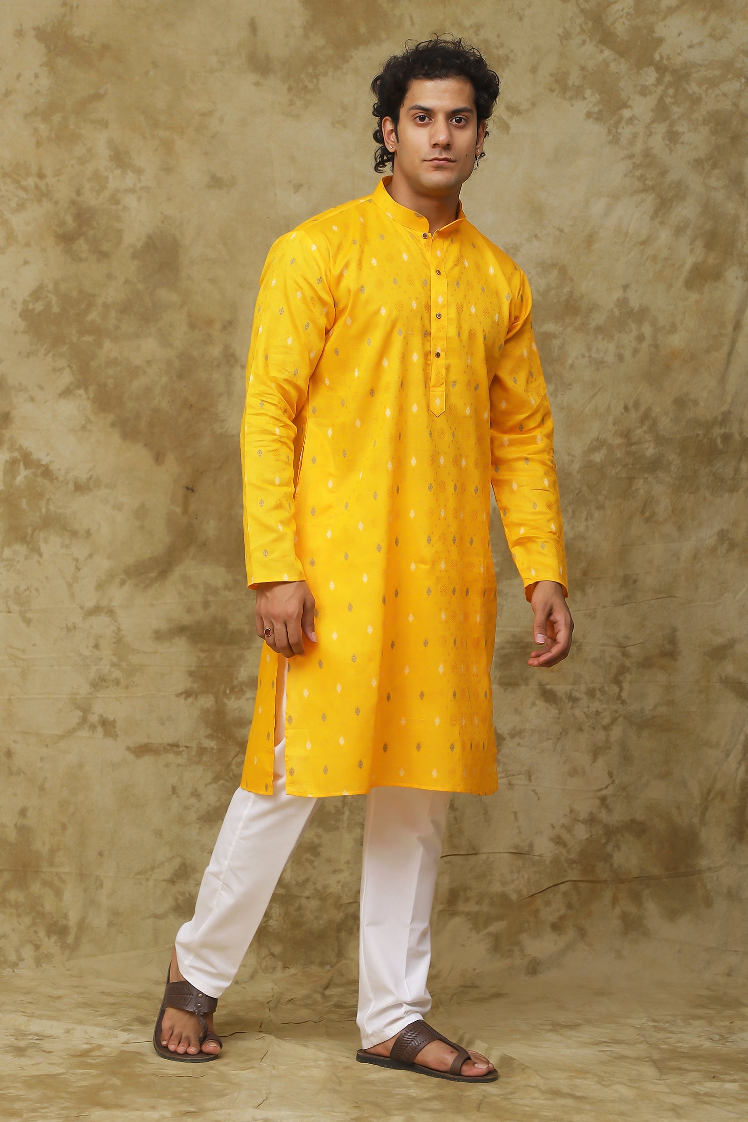 Bluesaanchi Men's Cotton Embroidered Kurta Set - Mustard | Swadesiicart