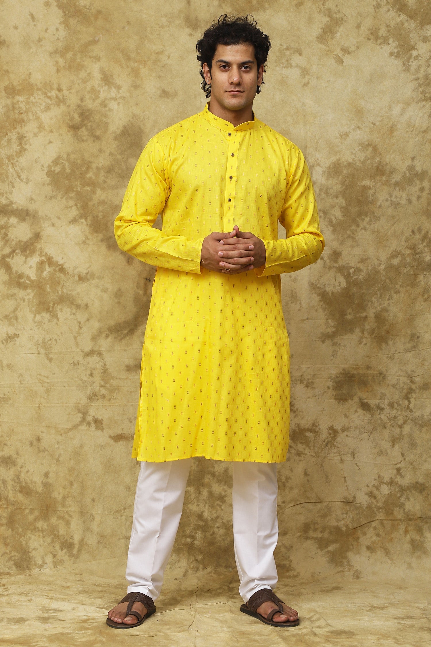 Bluesaanchi Men's Cotton Embroidered Kurta Set - Yellow Boota | Swadesiicart