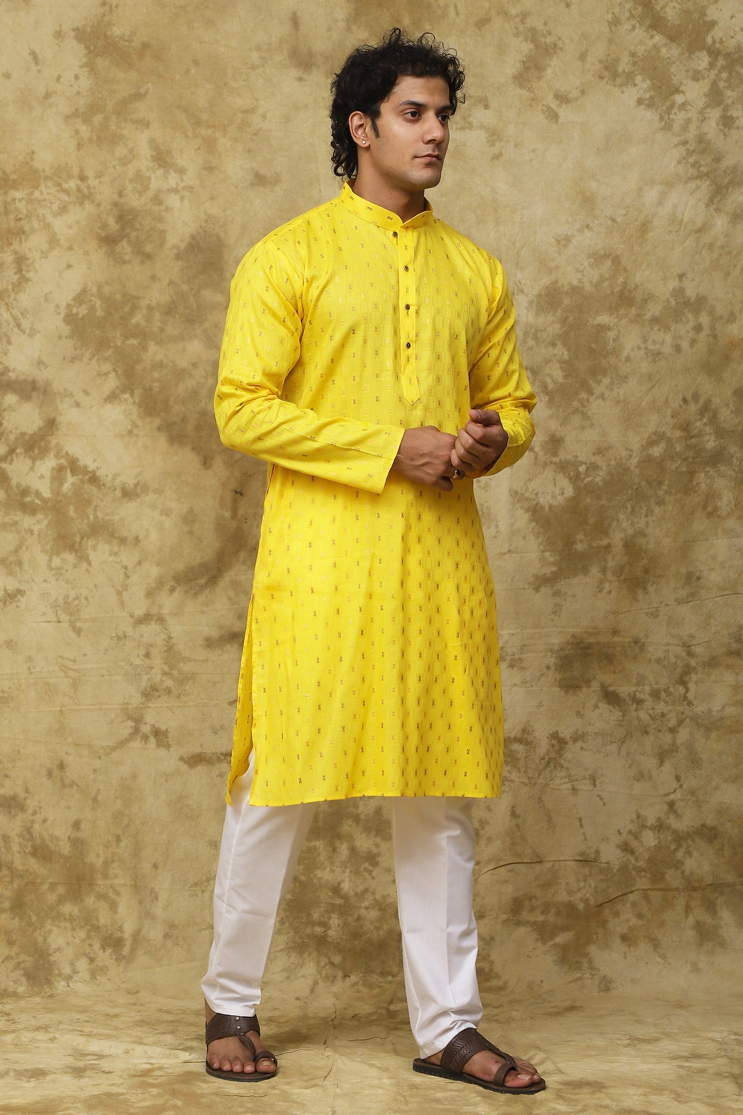 Bluesaanchi Men's Cotton Embroidered Kurta Set - Yellow Boota | Swadesiicart