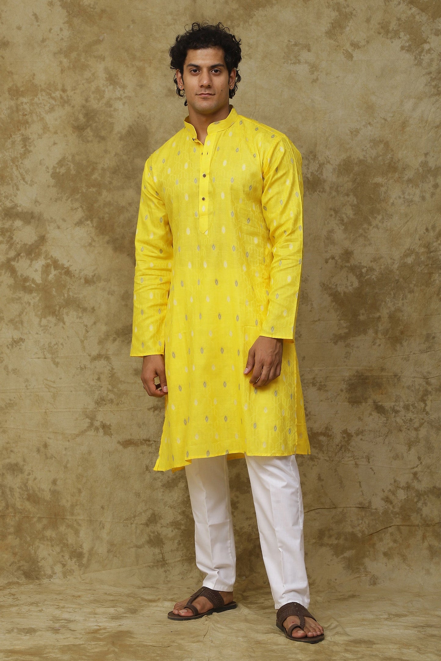 Bluesaanchi Men's Cotton Printed Kurta Set - Yellow Geometric | Swadesiicart