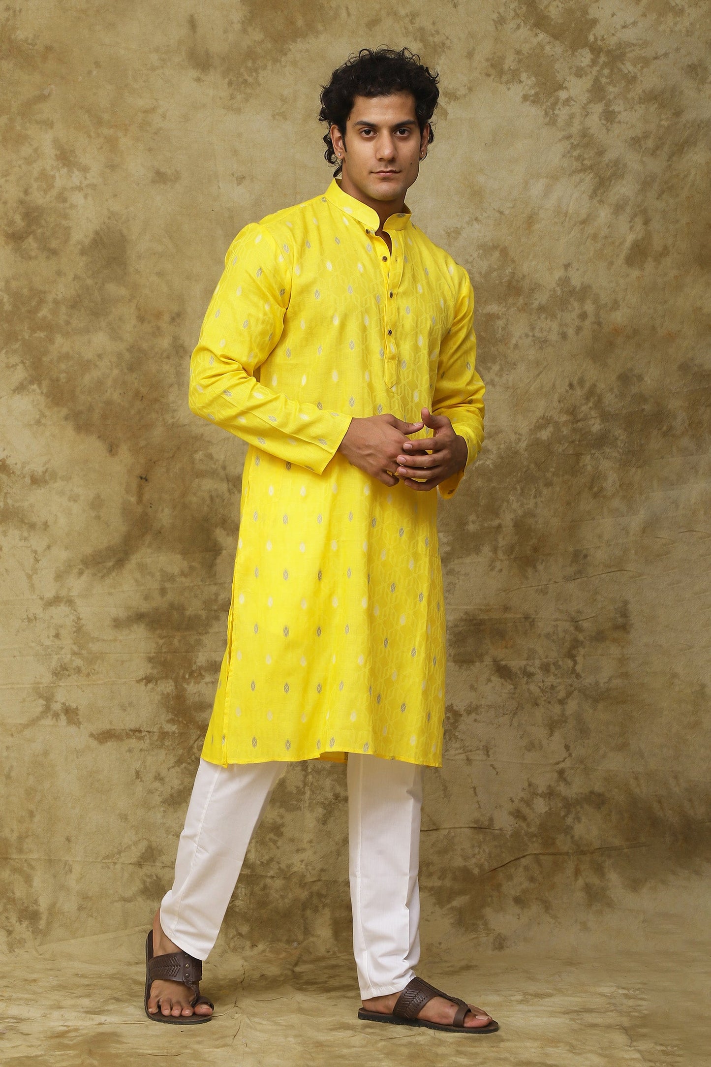 Bluesaanchi Men's Cotton Printed Kurta Set - Yellow Geometric | Swadesiicart