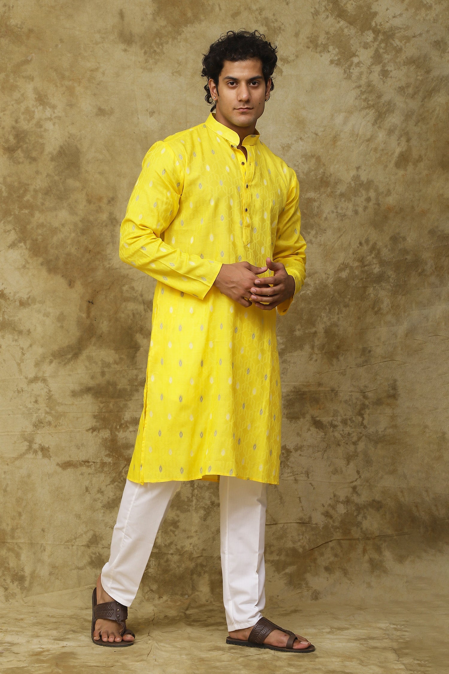 Bluesaanchi Men's Cotton Printed Kurta Set - Yellow Geometric | Swadesiicart