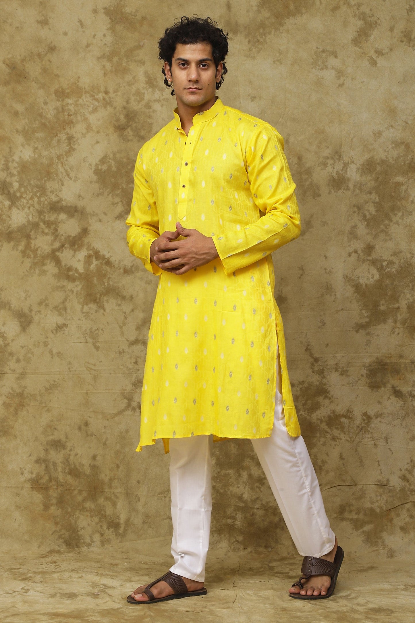 Bluesaanchi Men's Cotton Printed Kurta Set - Yellow Geometric | Swadesiicart