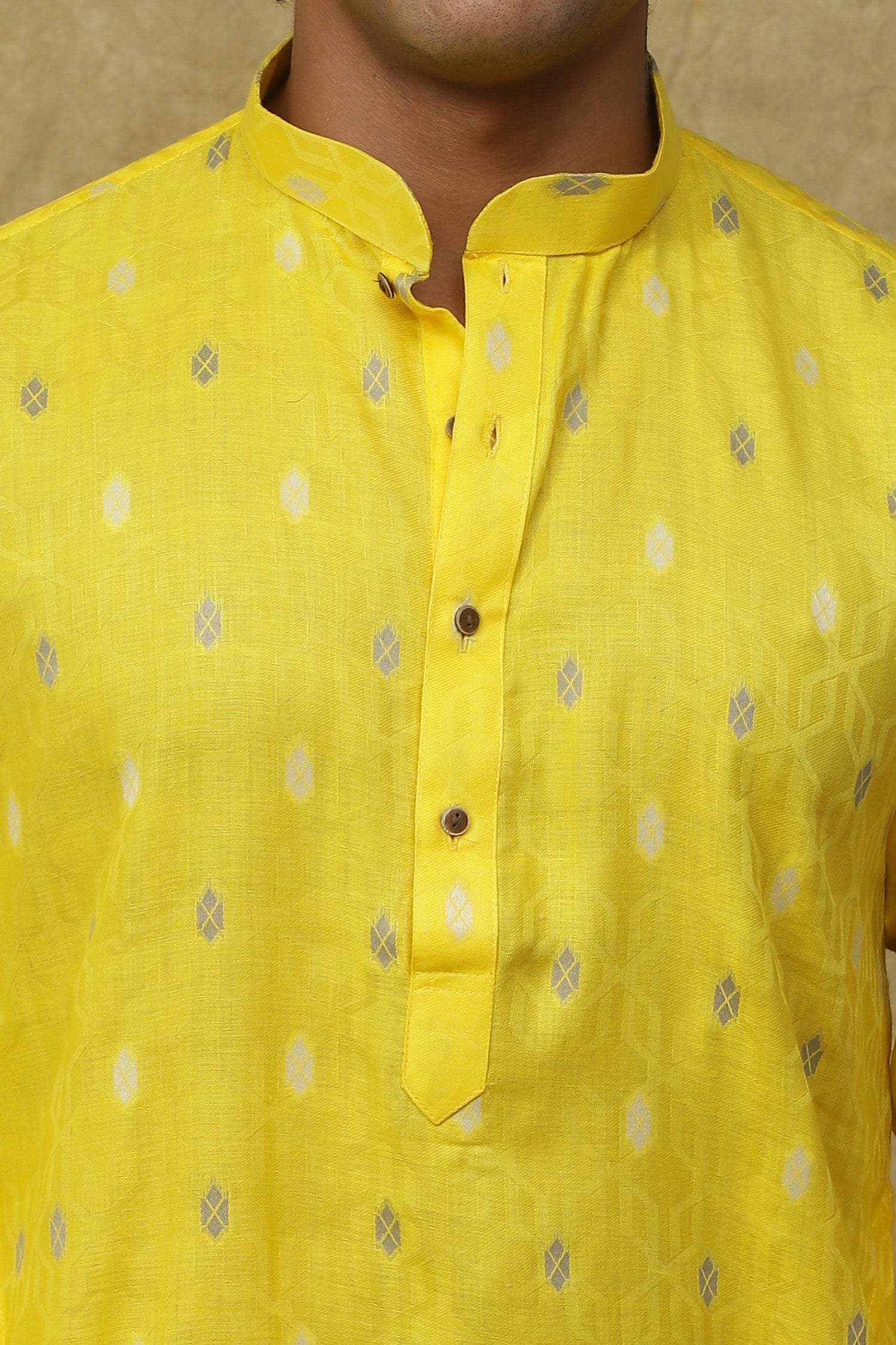 Bluesaanchi Men's Cotton Printed Kurta Set - Yellow Geometric | Swadesiicart