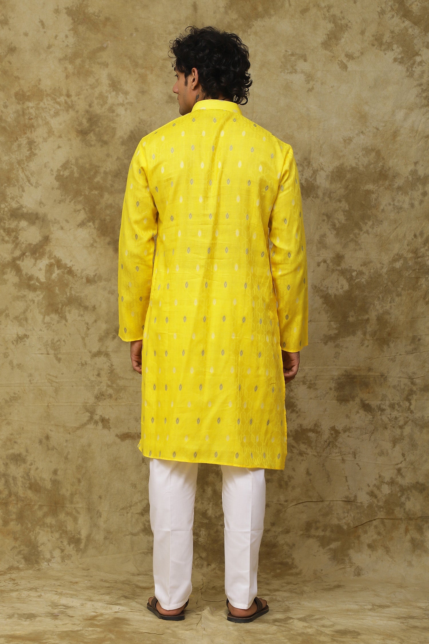 Bluesaanchi Men's Cotton Printed Kurta Set - Yellow Geometric | Swadesiicart