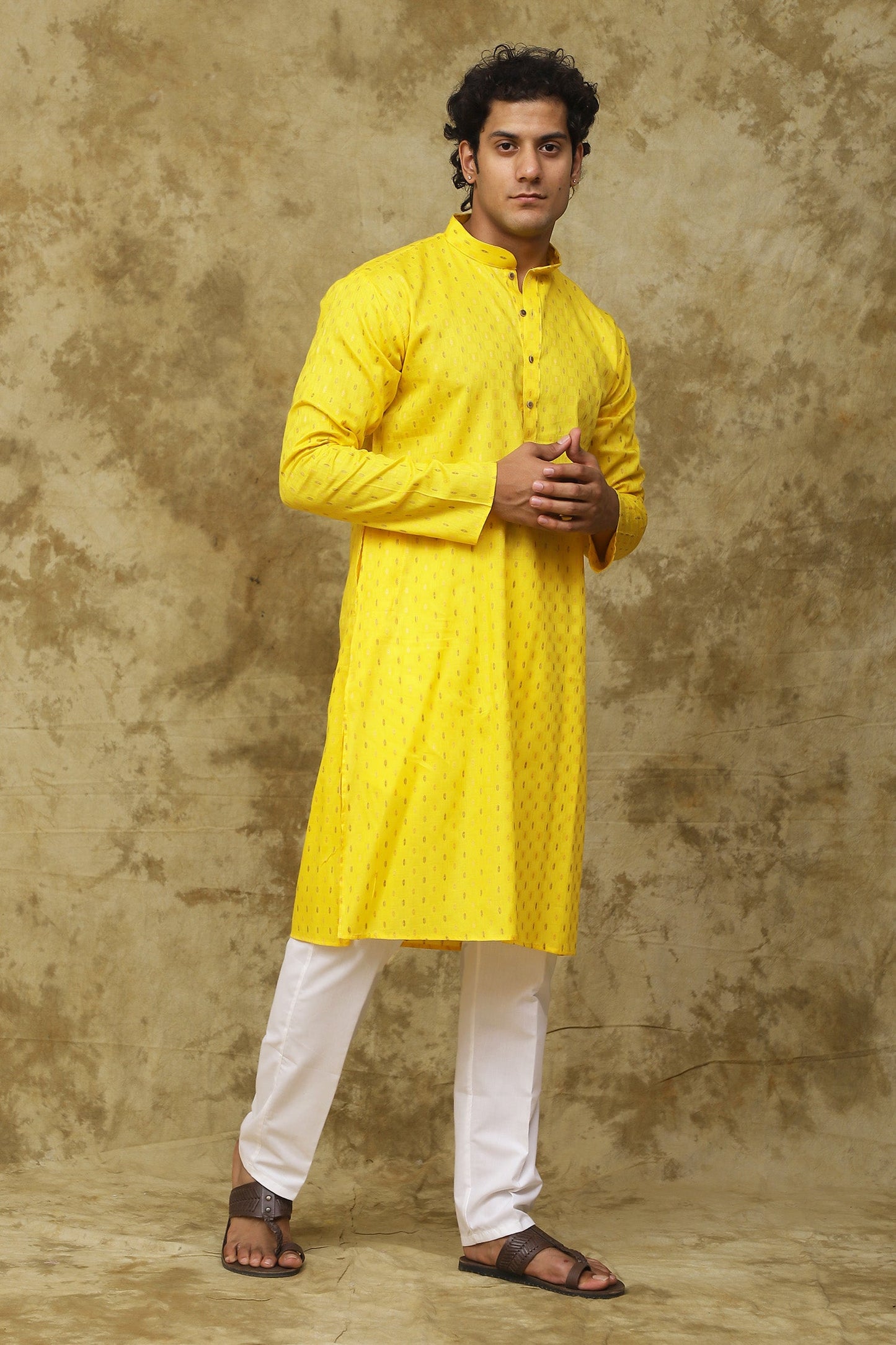 Bluesaanchi Men's Cotton Dobby Kurta Set - Yellow | Swadesiicart