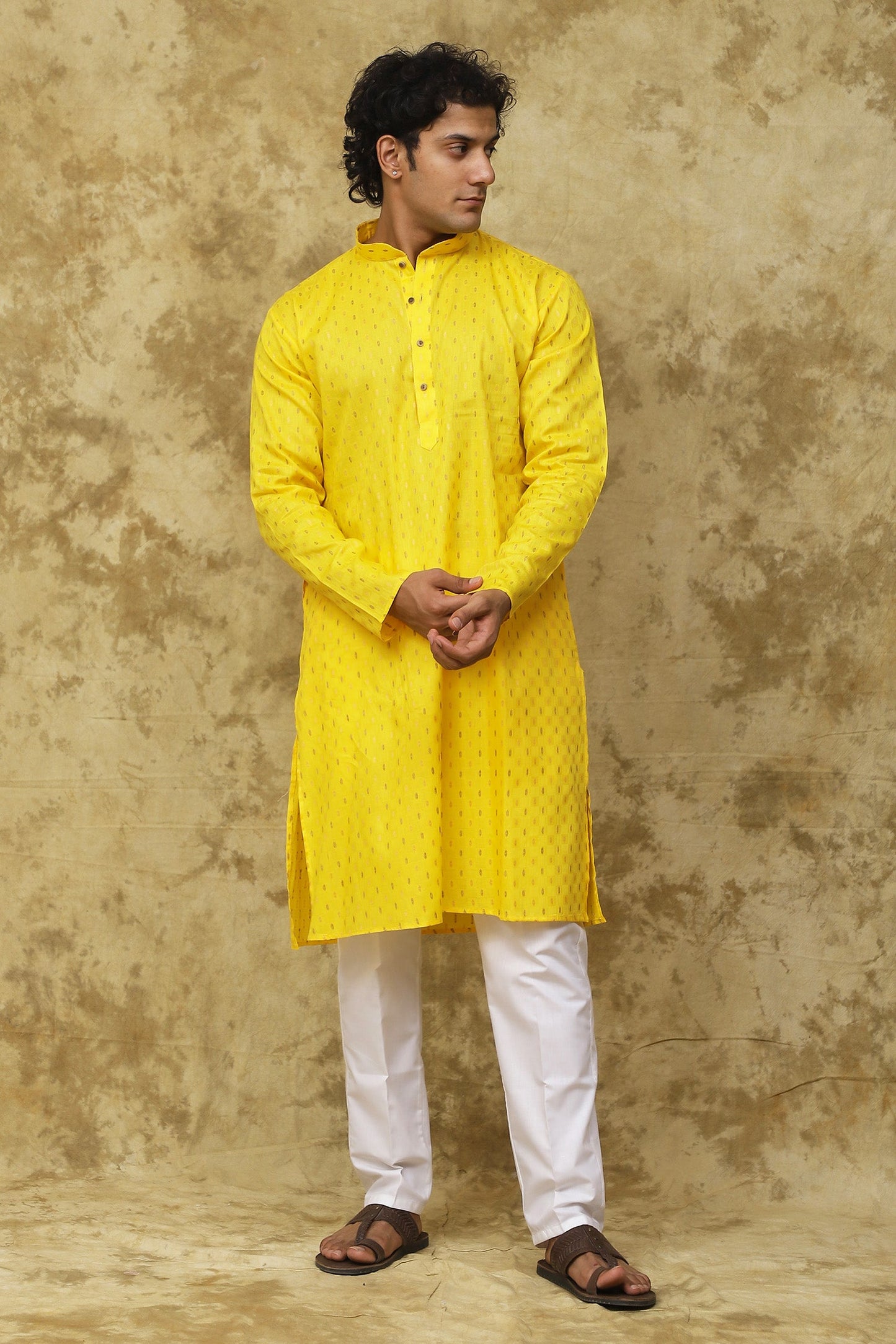 Bluesaanchi Men's Cotton Dobby Kurta Set - Yellow | Swadesiicart