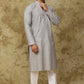 Bluesaanchi Men's Linen Threadwork Kurta Set - Creamy Grey | Swadesiicart