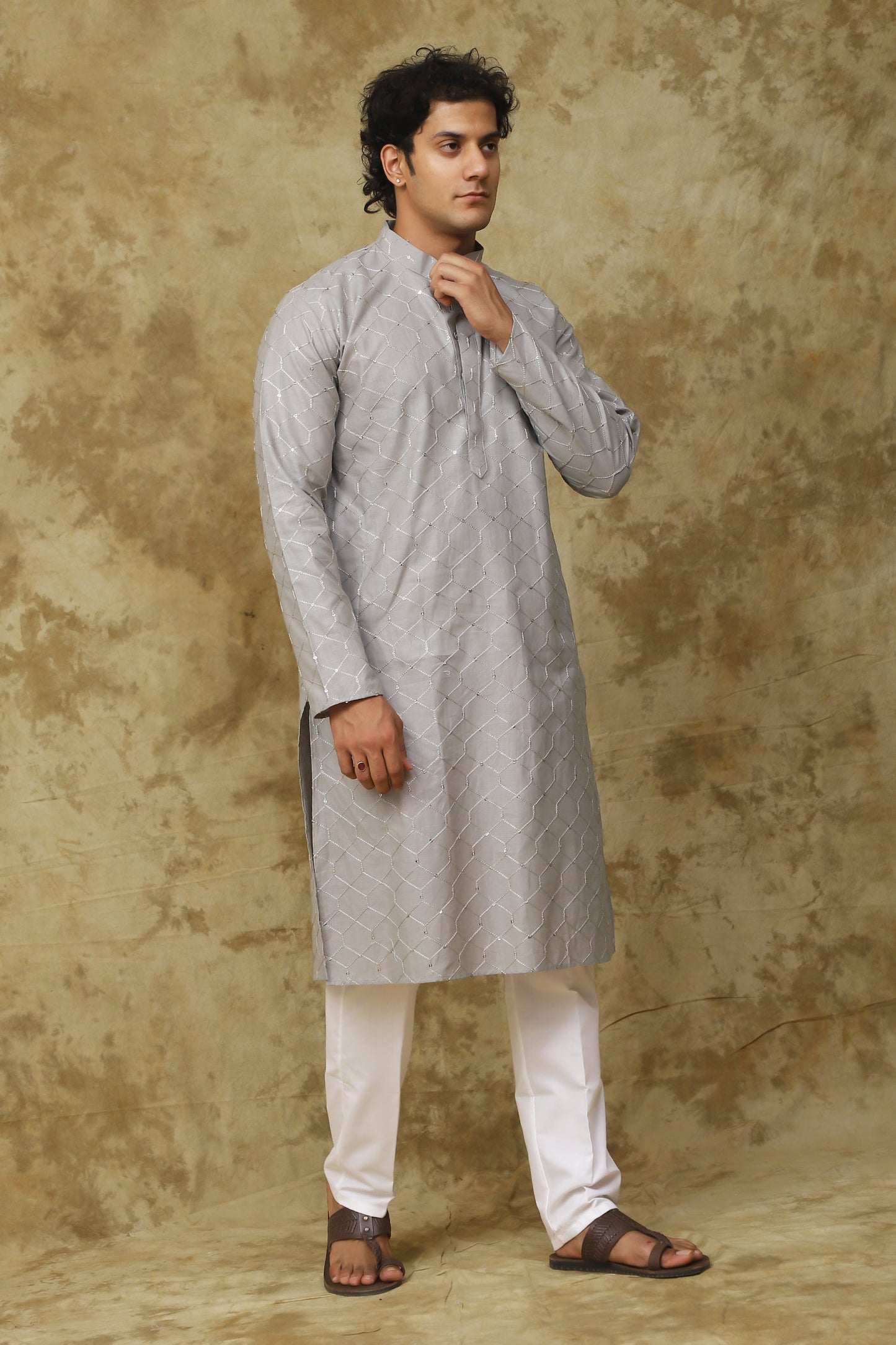Bluesaanchi Men's Linen Threadwork Kurta Set - Creamy Grey | Swadesiicart