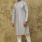 Bluesaanchi Men's Linen Threadwork Kurta Set - Creamy Grey | Swadesiicart